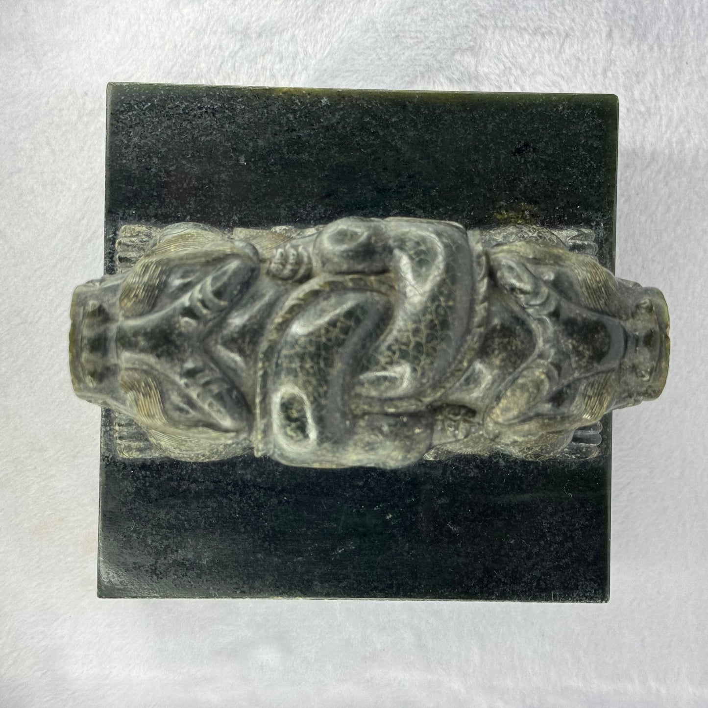 Rare Antique Natural Dark Green Nephrite Double Headed Dragon Seal 4,452.2g 134.7 by 136.1 by 125.0mm