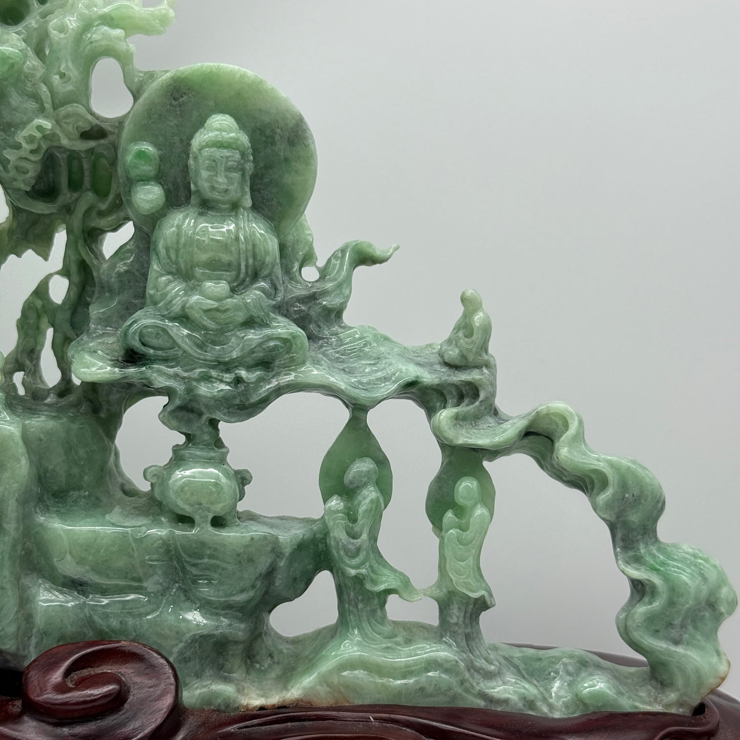 Rare Full Apple Green Buddha & Disciple Shan Shui Display 2,490g 300.0 by 230.0mm by 60.0mm with wooden stand 2,345g Total 4,835g 350.0 by 350.0 by 120.0mm