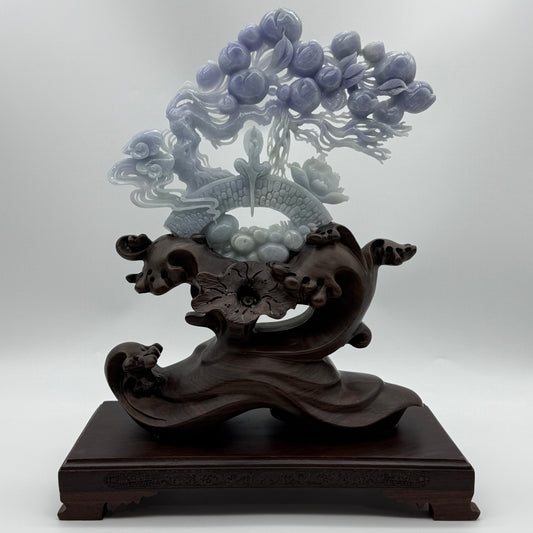 Rare Type A Deep Lavender Jadeite Gui Ren with Longevity Peaches & Lotus 470.0g 23.0 by 19.0 by 1.36cm with wooden stand 2285g 25.0 by 12.0 by 32.0cm