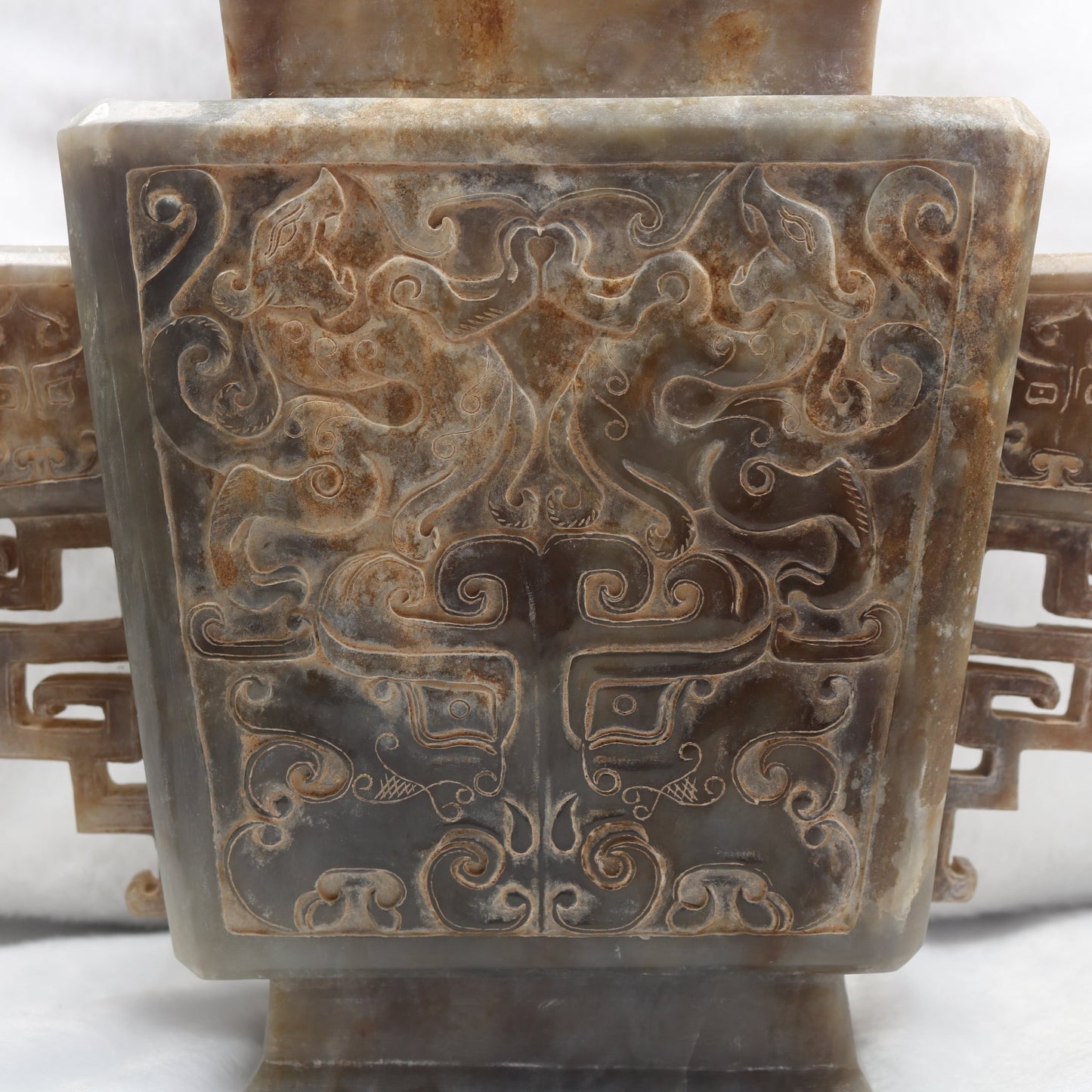 Rare Antique Natural Grey with Yellow White Patches Nephrite Double Pixiu Vase 3,014.3g 225.0 by 83.0 by 280.0mm