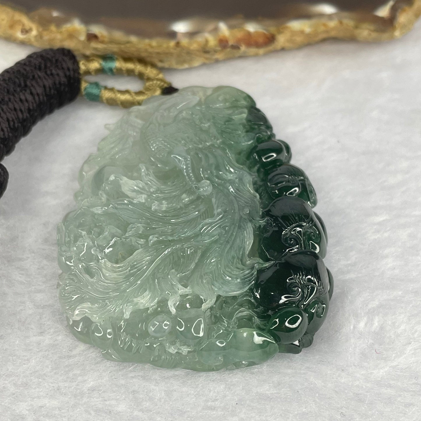 Grand Master Type A Icy Light Green with Green Jadeite Phoenix, Ruyis and Flower Pendant Display 71.83g 65.7 by 48.2 by 12.5mm with Wooden Stand for Career Progression and Recognition