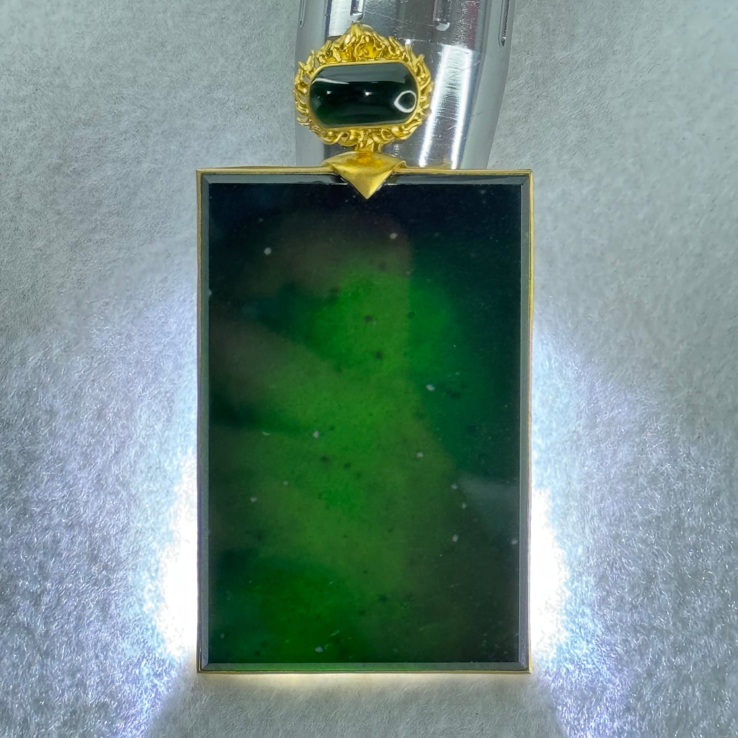 18k Yellow Gold Rare High Grade Fully Translucent Type A Black Jadeite Rectangle Wu Shi Pai Pendant 45.38g 61.8 by 41.2 by 4.8mm