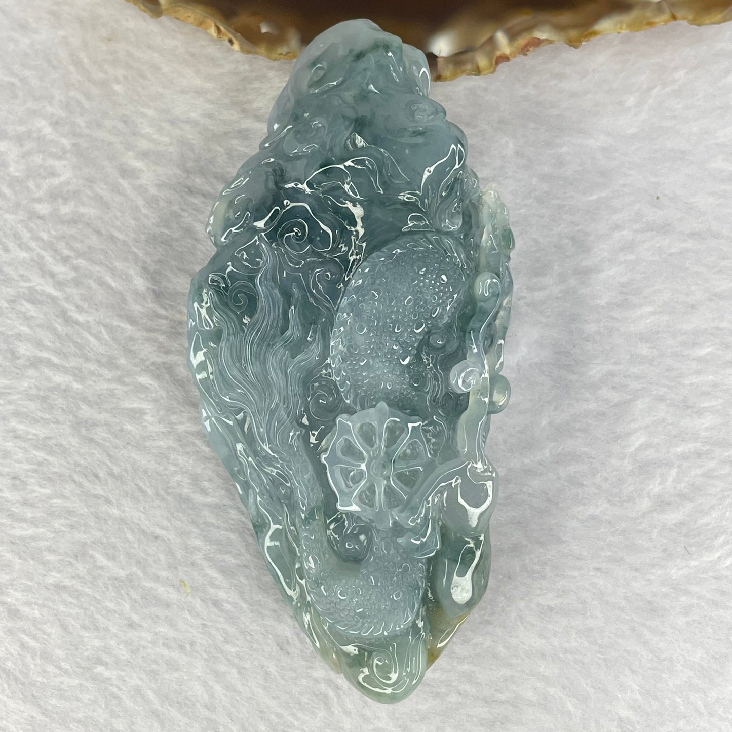 Grand Master Type A Jelly Blueish Green Flora with Yellow Jadeite Fire Dragon with Pixiu 笼饺子Display 164.12g 95.6 by 41.5 by 35.5mm with Wooden Stand for Wealth Luck Attraction