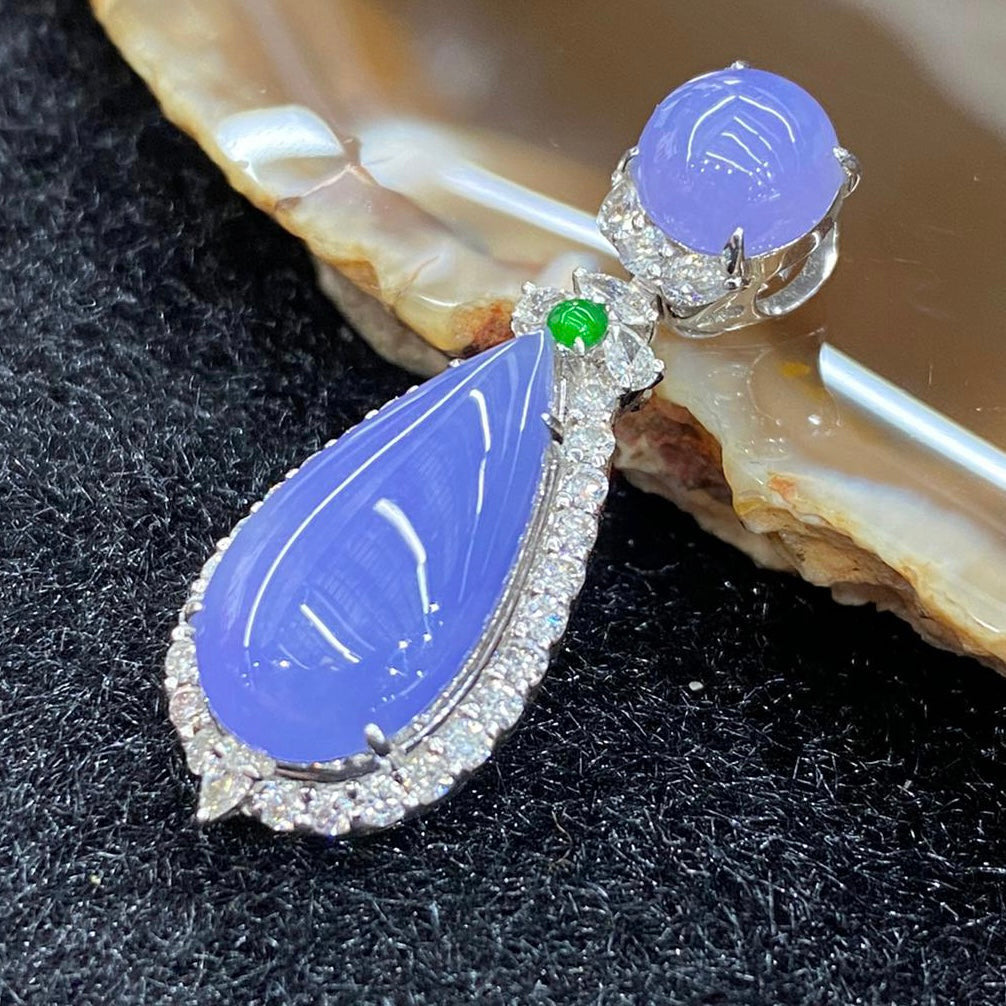 Rare High end Type A Burmese Lavender Jade Jadeite Pendant 18k white gold & diamonds with NGI Cert - 5.23g 31.7 by 12.2 by 9.4mm