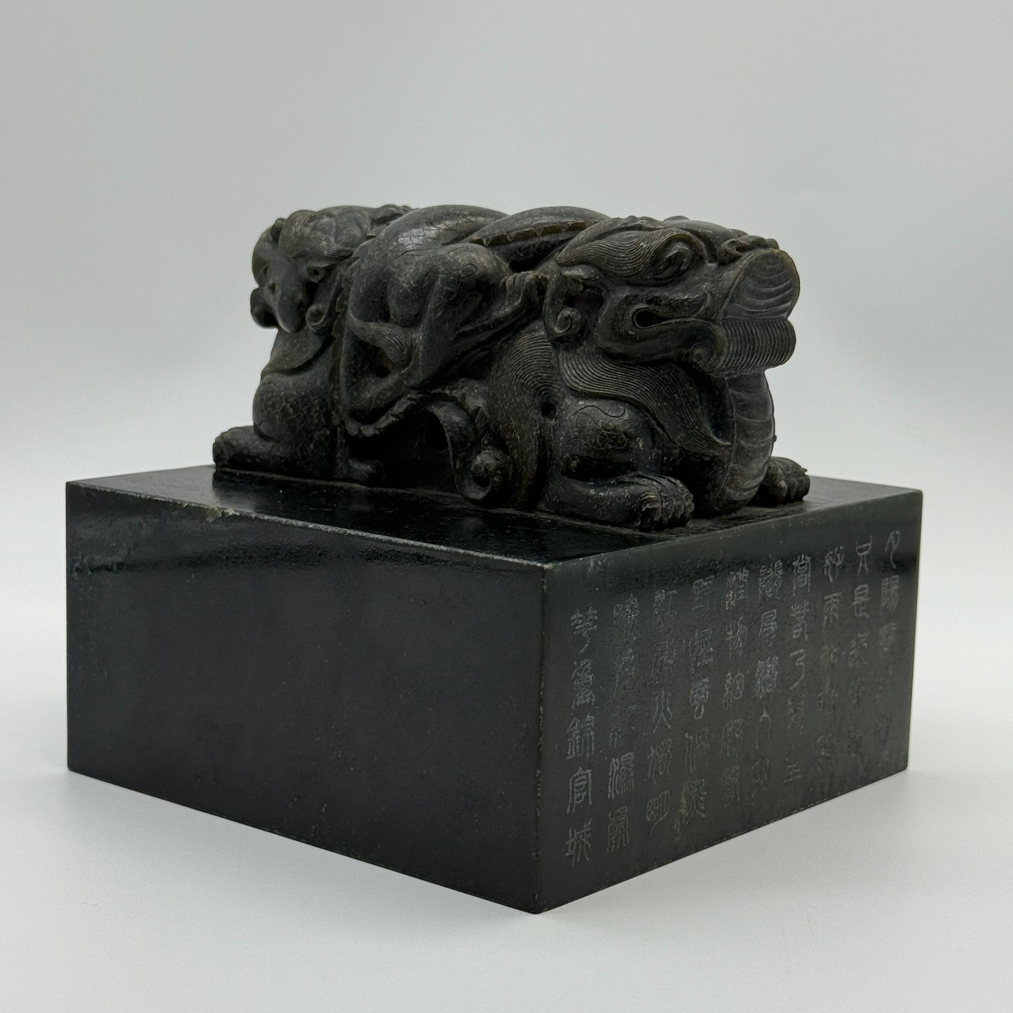 Rare Antique Natural Dark Green Nephrite Double Headed Dragon Seal 4,452.2g 134.7 by 136.1 by 125.0mm