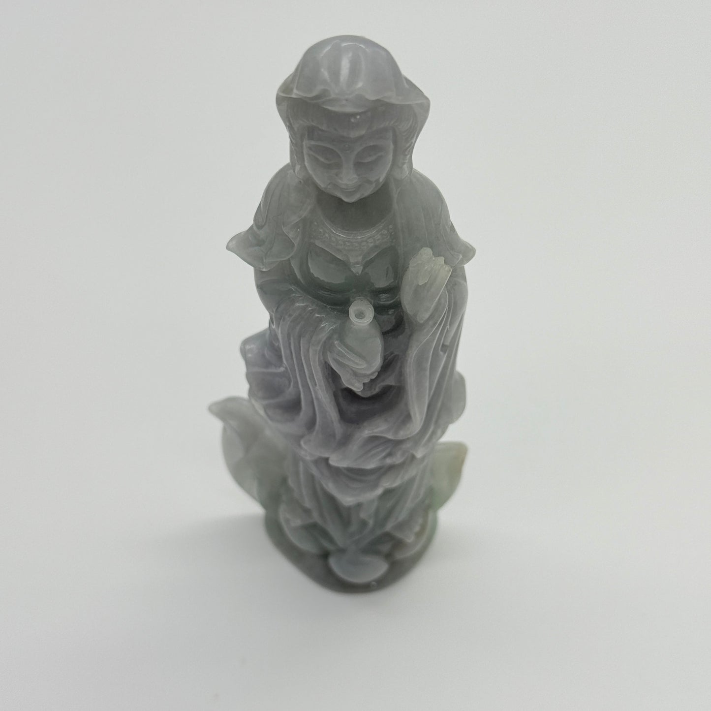 Type A Lavender and Green Jade Jadeite Guan Yin Display 210.5g 142.6 by 53.6 by 24.1mm with wooden stand total 1515g 310 by 152 by 106mm