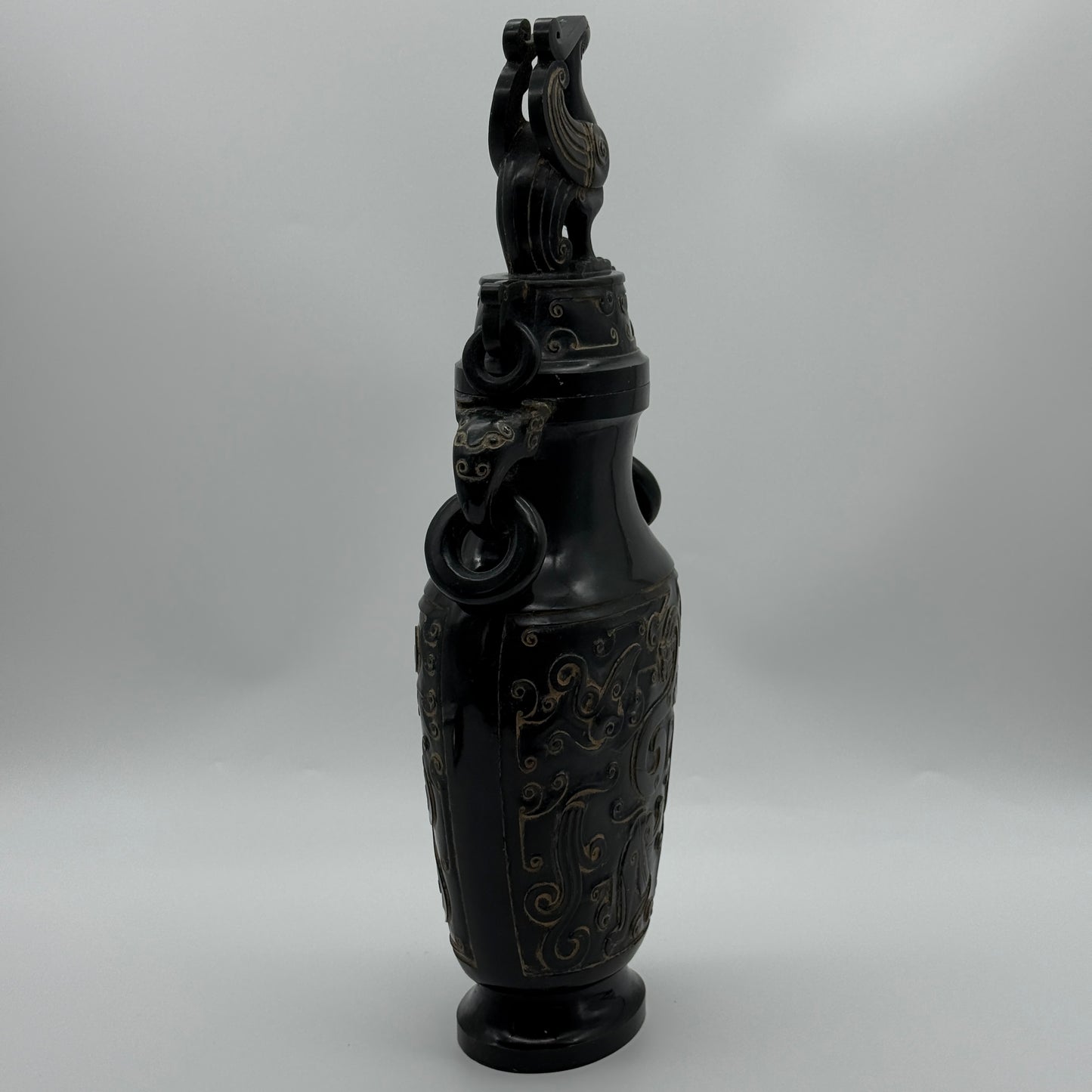 Rare Antique Natural Dark Green Nephrite Dragon Phoenix Bird Vase 2,047.6g 145.0 by 90.0 by 360.0mm