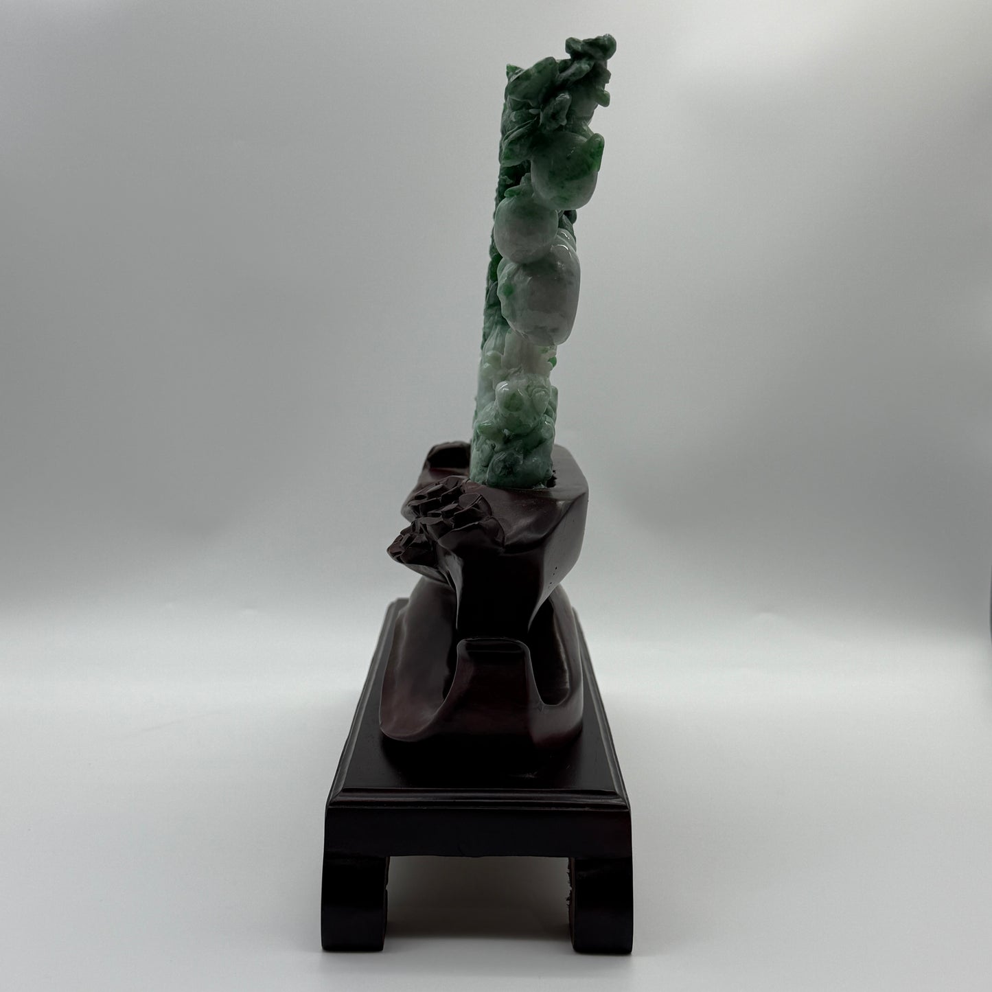 Type A Light Green with Spicy Green and Apple Green Patches Jadeite Tree with Twin Birds and Bamboo Display 1260g 24.0 by 2.8 by 16.0cm with wooden stand 2935g 31.0 by 10.0 by 28.0cm