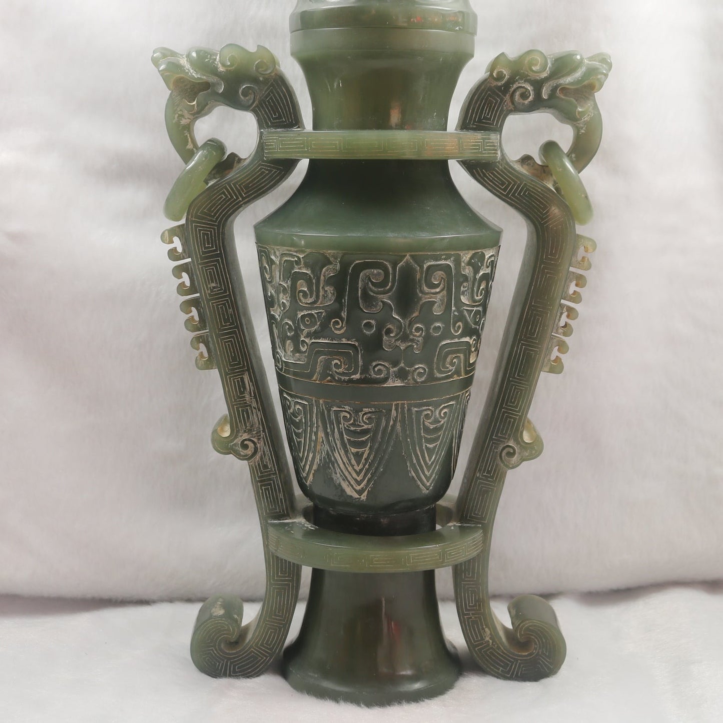 Rare Antique Natural Green Nephrite Vase with Double Dragon Display 2,035.4g 162.0 by 90.0 by 315.0m