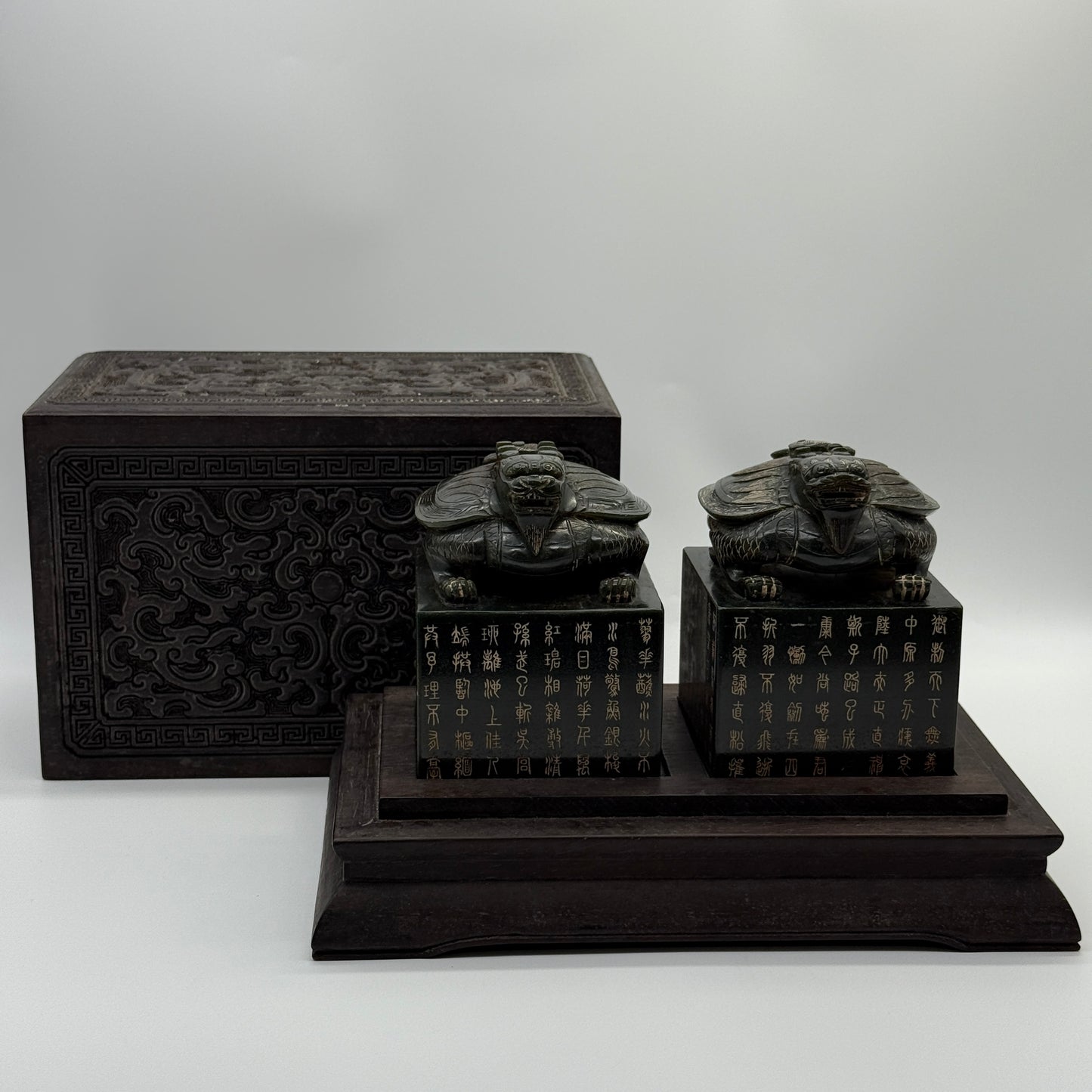 Rare Antique Natural Nephrite Dual Dragon Turtle Seal Set in Zitan Dragon Carvings Box Total Weight 4,853.2g 205.5 by 190.0 by 140.0mm each seal about 1,719.5g 84.7 by 82.3 by 113.1mm