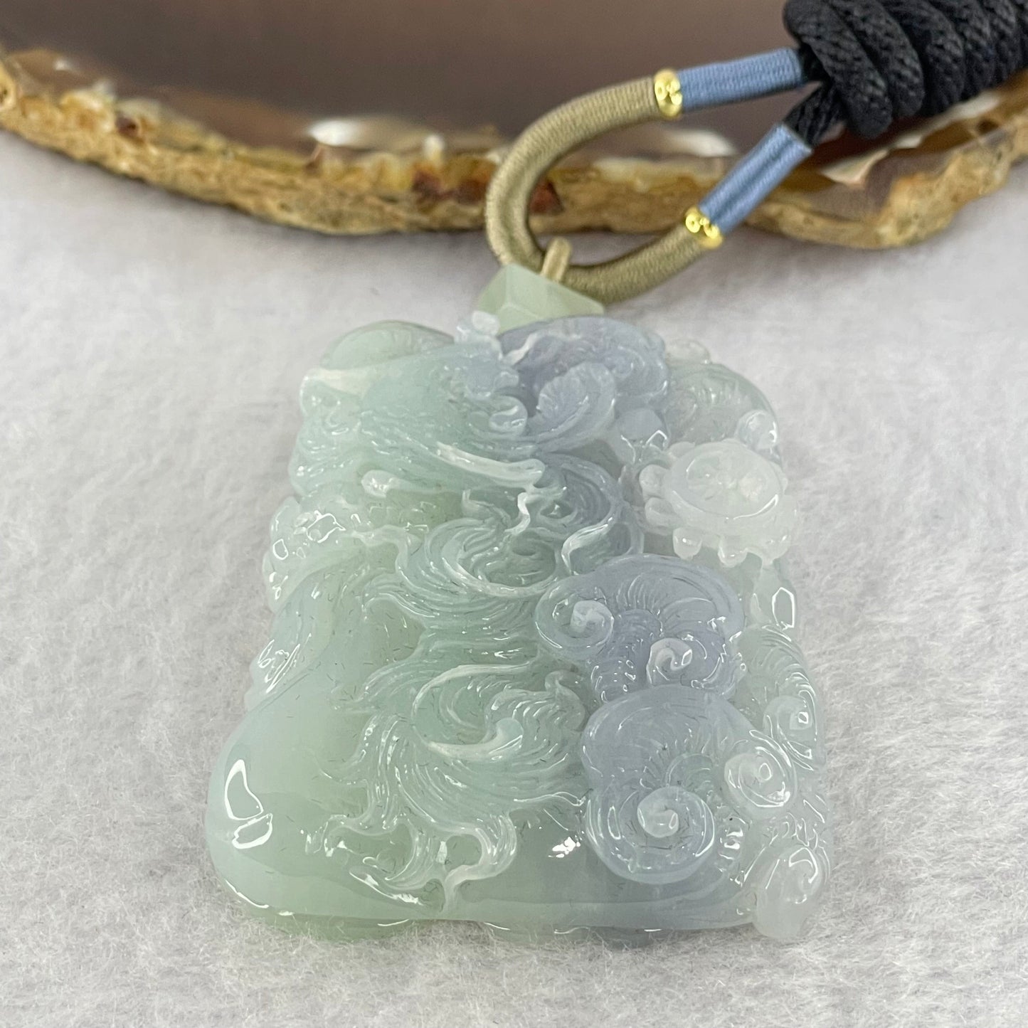 Type A Light Green and Bright Lavender Jadeite Phoenix Ruyi Wheel Pendant 80.00g 62.9 by 44.5 by 13.5mm
