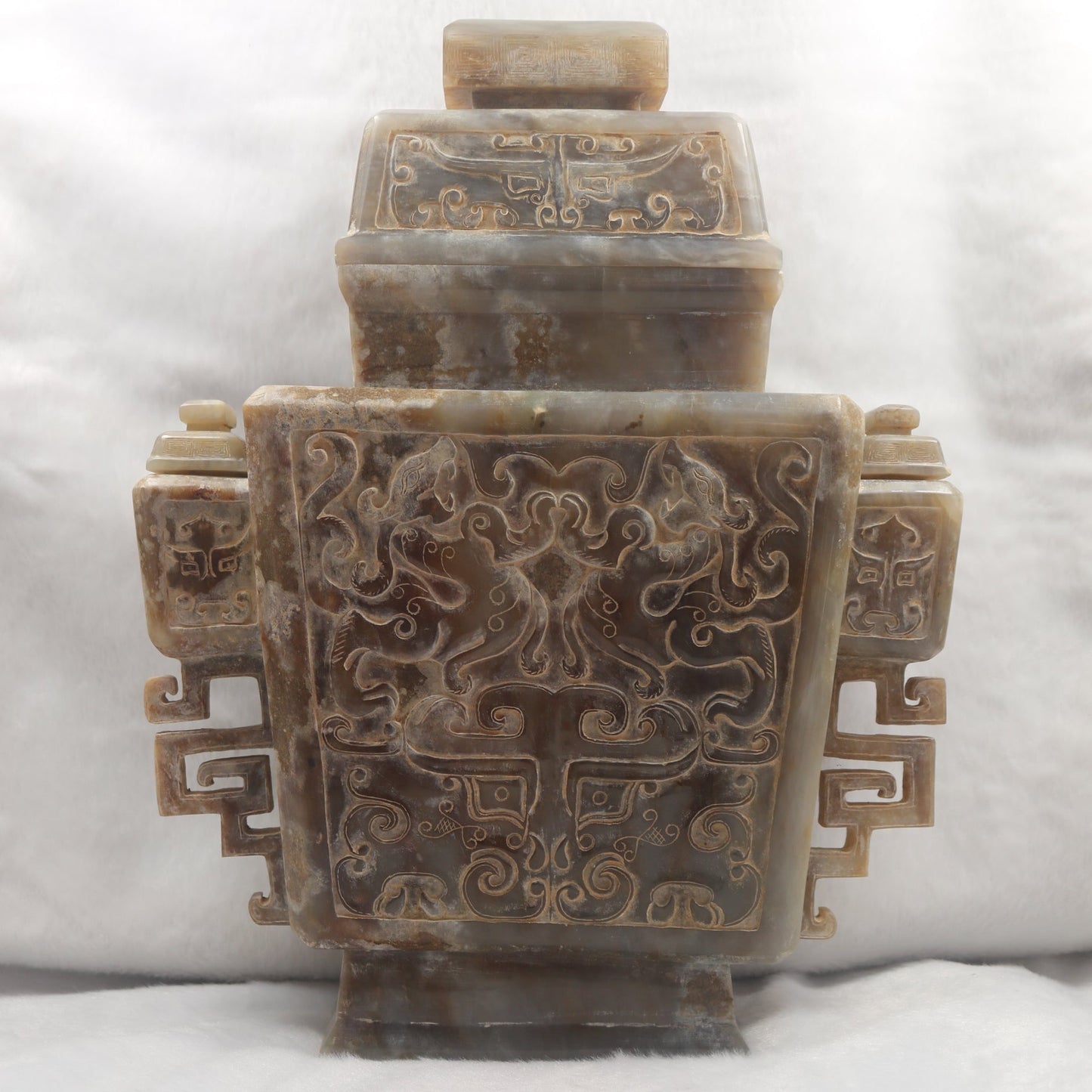 Rare Antique Natural Grey with Yellow White Patches Nephrite Double Pixiu Vase 3,014.3g 225.0 by 83.0 by 280.0mm
