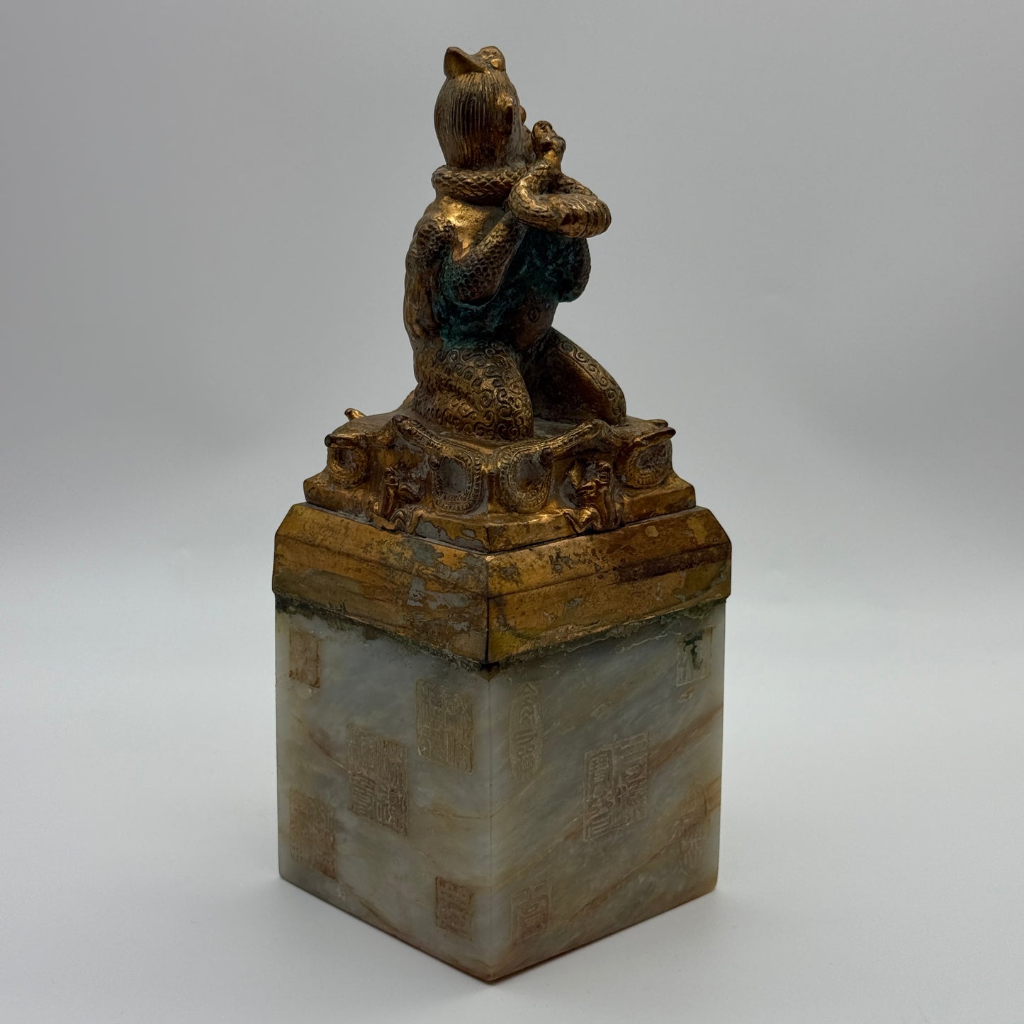 Rare Antique Nephrite with Copper Bird with Monkey Face with Snakes and Frogs Seal 2,751.6g 85.0 by 85.0 by 220.0mm