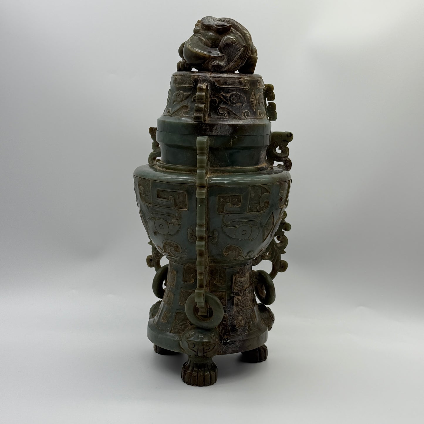 Rare Antique Natural Green with Brown Patches Nephrite Pixiu Vase 3,113.3g 148.0 by 160.0 by 335.0mm