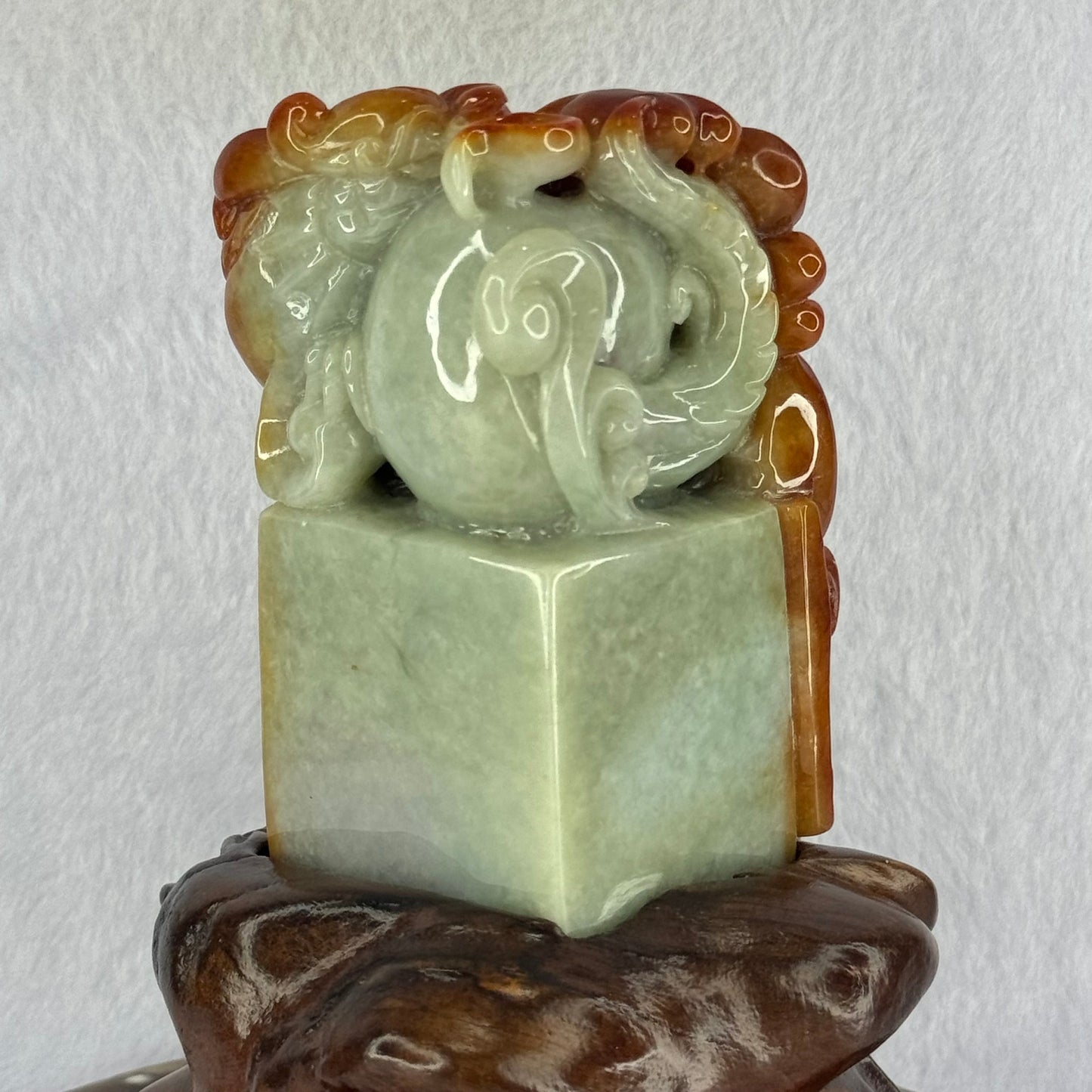 Type A Burmese Jade Jadeite Red, Green & Lavender Dragon Seal Display 565.0g 54.5 by 50.9 by 94.4mm with NGI cert