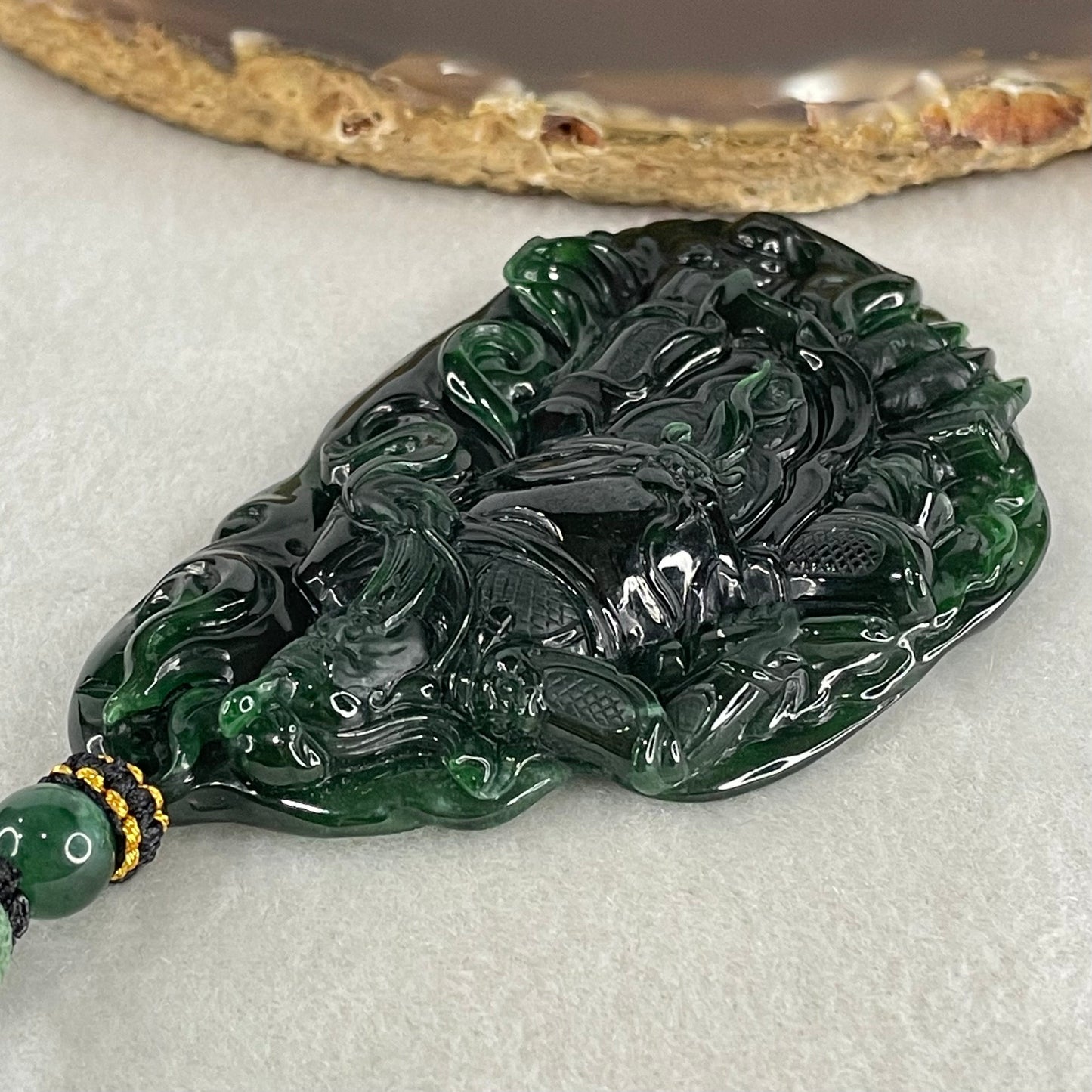 Rare High End Grand Master Type A Full Green Jadeite Guan Gong with Scroll Pendant 48.01g 72.0 by 44.8 by 9.3mm