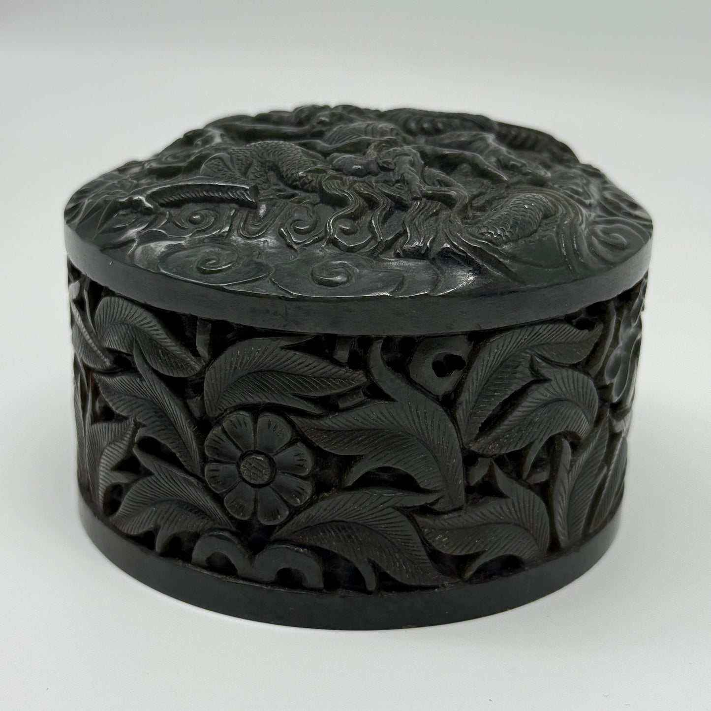 Antique Dark Green Nephrite Double Dragons in Clouds with Flowers and Leaves Seal 1,625.5g 108.2 by 107.6 by 71.6mm