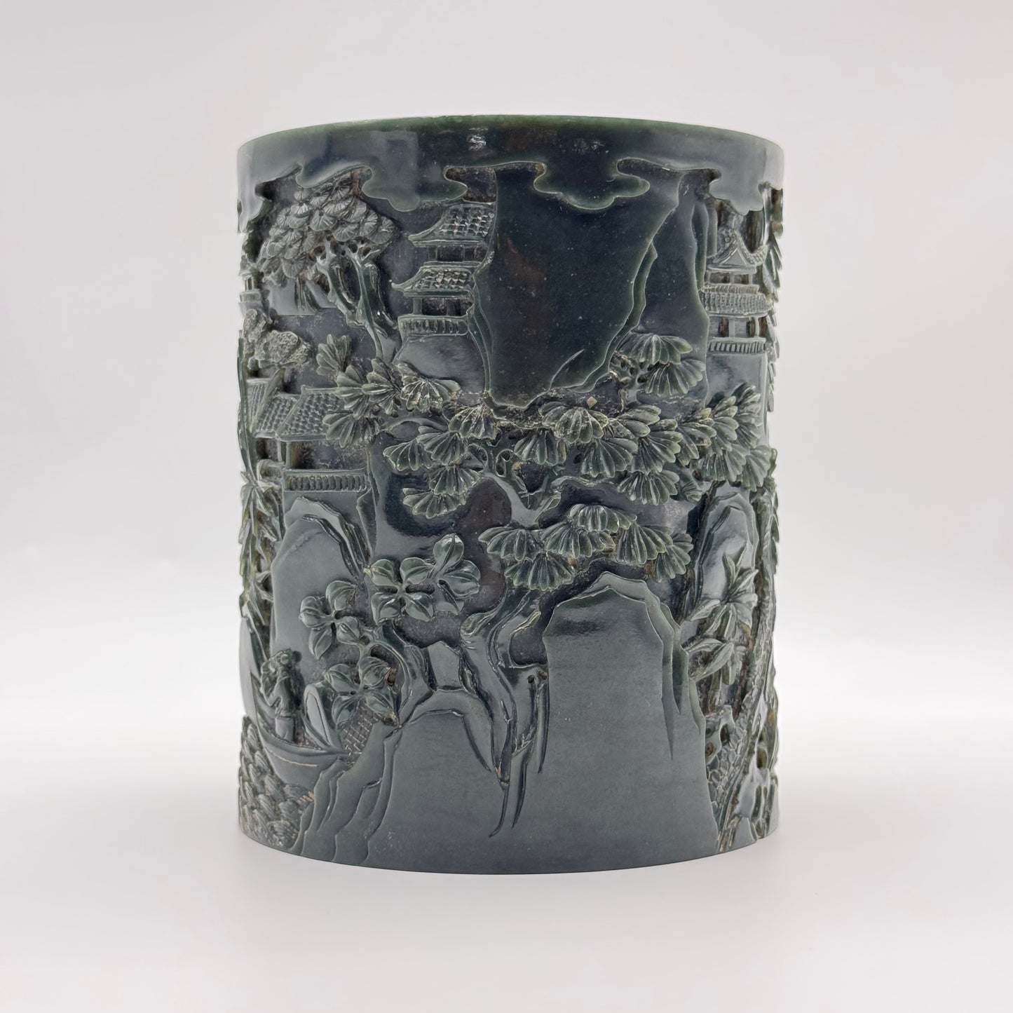 Rare Antique Natural Dark Green Nephrite Shan Shui Brush Pot with Gui Ren Display 1,467.0g 116.5 by 116.8 by 142.9mm with NGI Cert 82812380