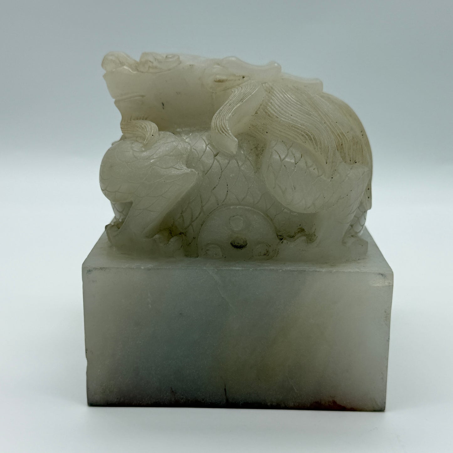 Antique Highly Translucent Yellowish White Nephrite Dragon Seal 2,439.8g 103.5 by 103.7 by 118.2g with Old Zitan Box Total 3,202.8g 136.8 by 137.2 by 168.0mm