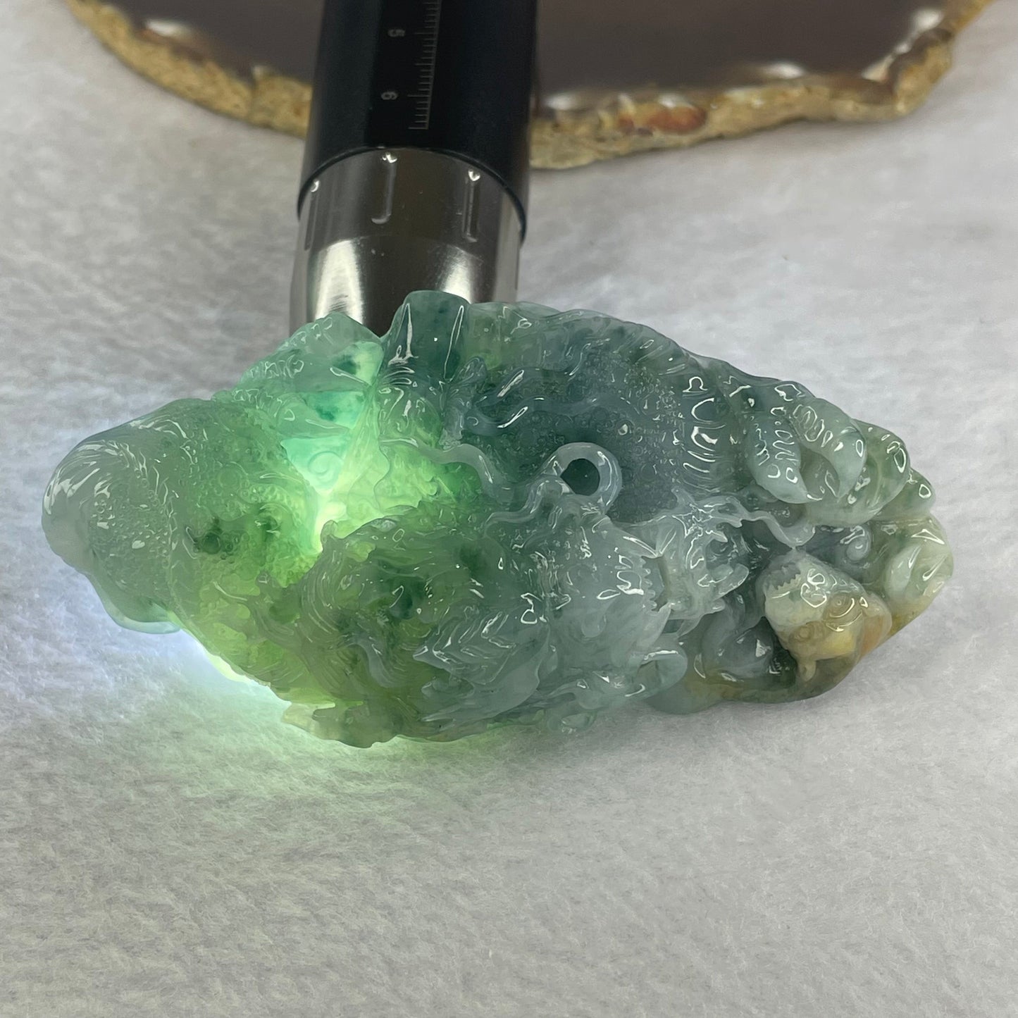 Grand Master Type A Jelly Blueish Green Flora with Yellow Jadeite Fire Dragon with Pixiu 笼饺子Display 164.12g 95.6 by 41.5 by 35.5mm with Wooden Stand for Wealth Luck Attraction