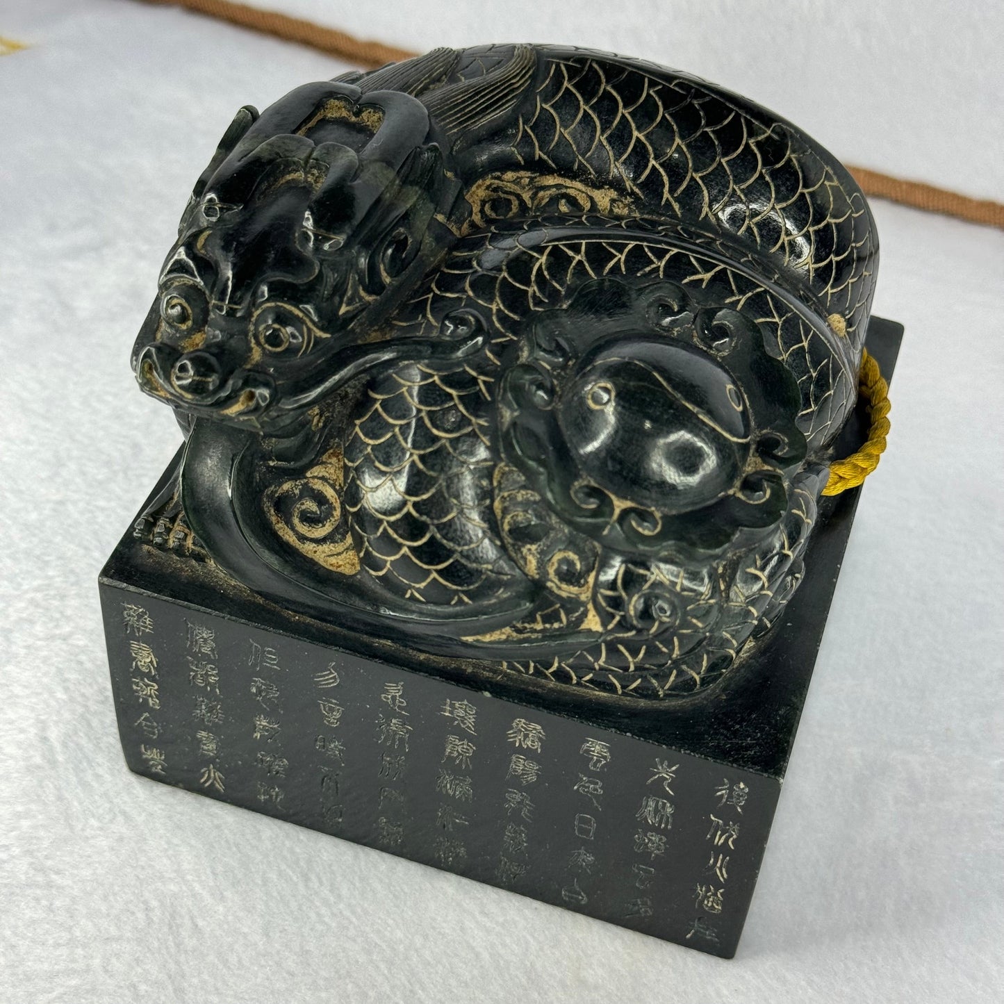 Rare Antique Natural Dark Green Nephrite Dragon with Ying Yang Flower Seal 2,868.7g 108.7 by 107.5 by 104.0mm with Wooden Box Total 3,975.9g 146.7 by 147.1 by 190.0mm