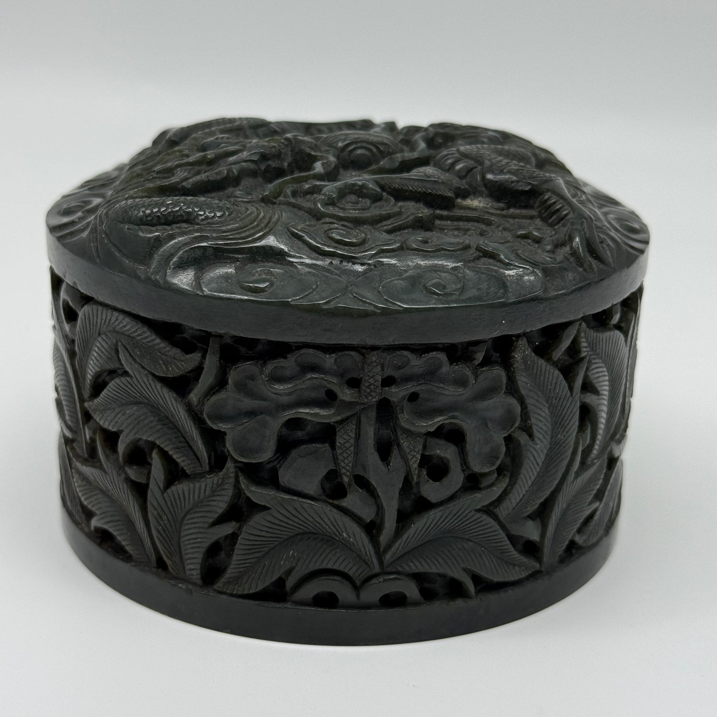 Antique Dark Green Nephrite Double Dragons in Clouds with Flowers and Leaves Seal 1,625.5g 108.2 by 107.6 by 71.6mm