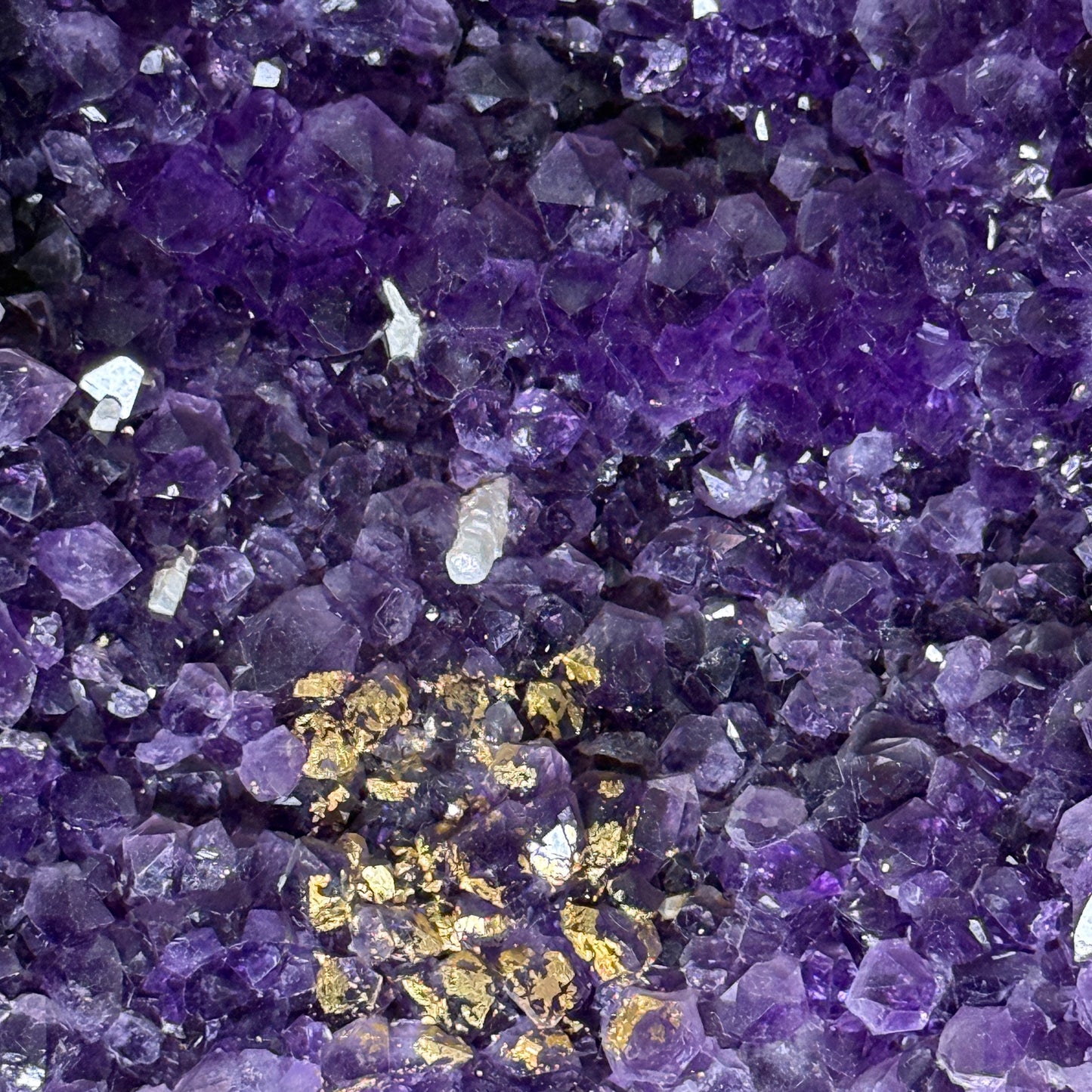 Very Good Intense Deep Purple Natural Uruguay Amethyst Cave with 24K Gold Patches 345.0 by 330.0 by 1.120,0mm
