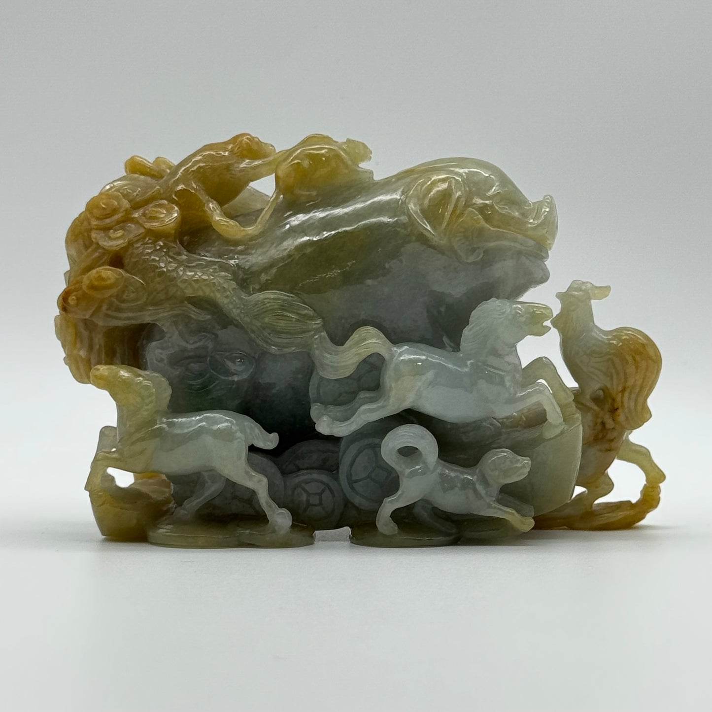 Rare Antique Natural 12 Zodiac 3 colour Jade Jadeite 729.0g 126.5 by 68.5 by 83.9mm