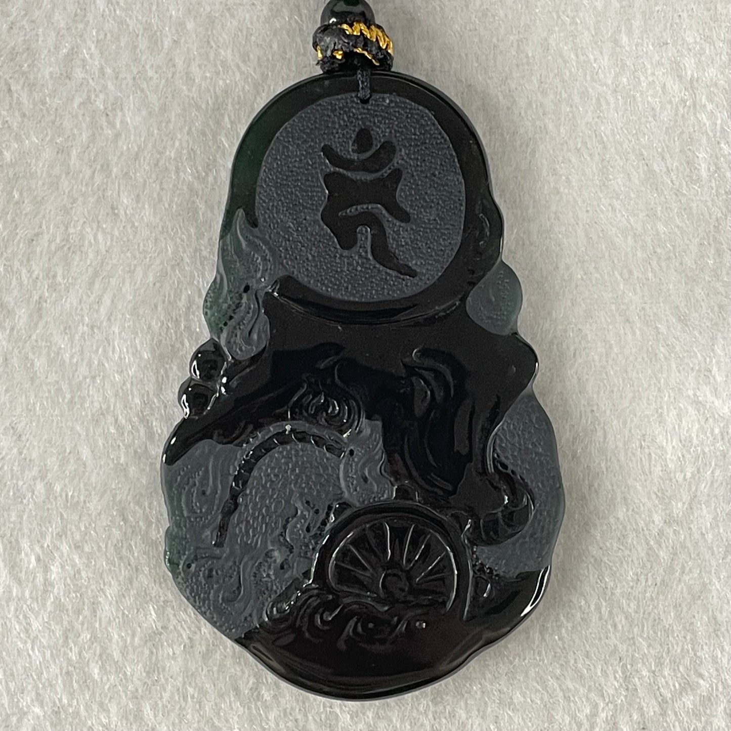 Rare Grand Master Type A Fully Translucent Black Omphacite Jadeite Da Hei Tian Daikokuten God of Fortune 大黑天 Pendant 26.52g 59.4 by 38.7 by 5.2mm