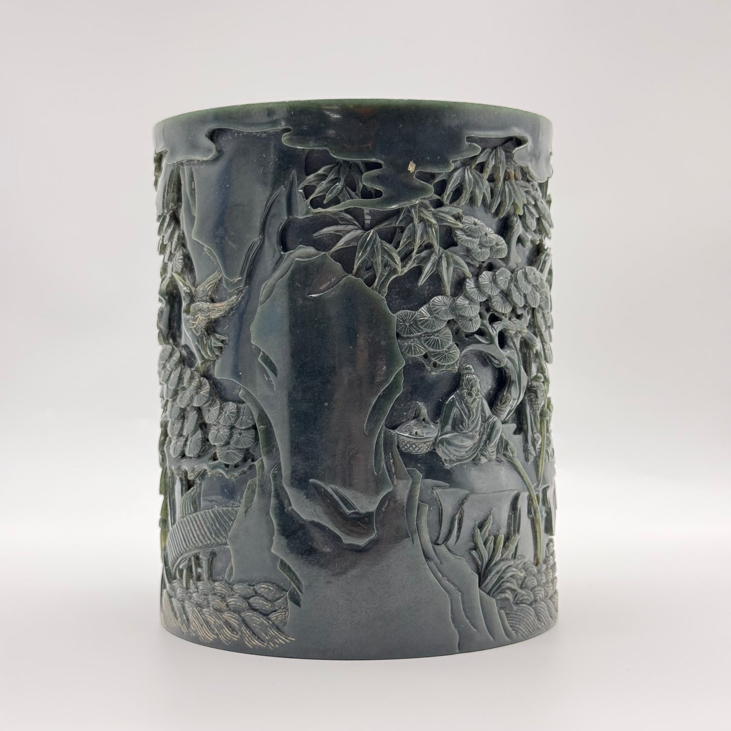 Rare Antique Natural Dark Green Nephrite Shan Shui Brush Pot with Gui Ren Display 1,467.0g 116.5 by 116.8 by 142.9mm with NGI Cert 82812380
