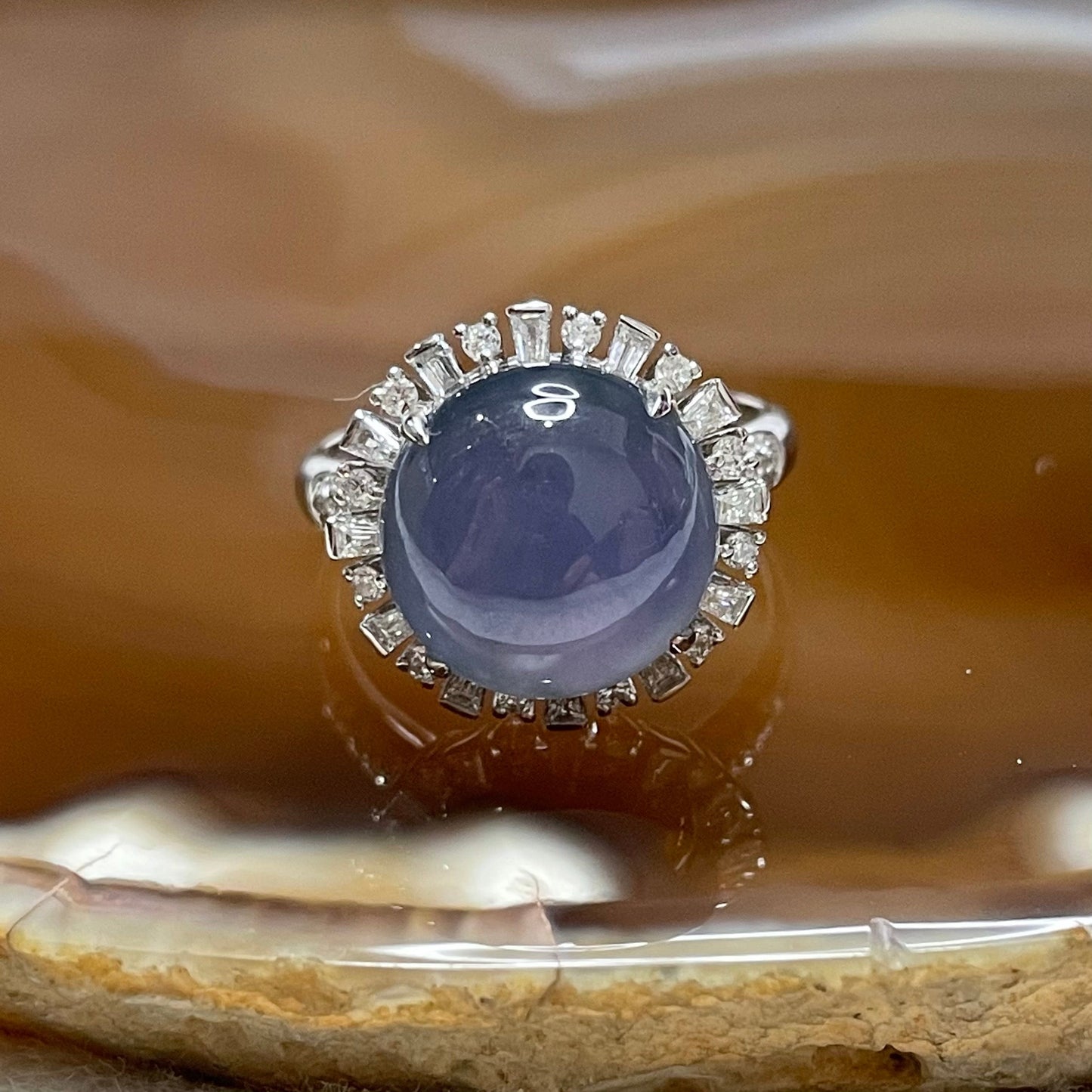 RARE Type A Semi Icy Lavender Jade Jadeite Ring 18k white gold & diamonds 4.84g Dimensions of jade: 11.6 by 11.6 by 4.2mm US 6.25 HK 14 with NGI cert