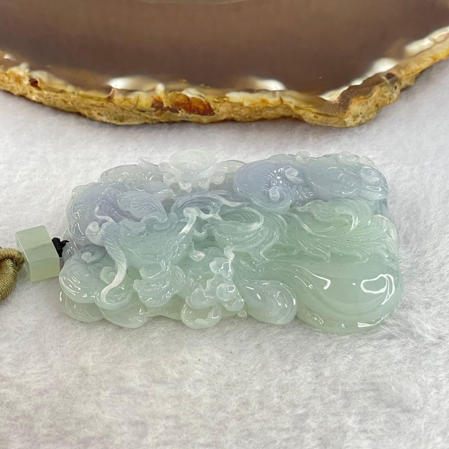 Type A Light Green and Bright Lavender Jadeite Phoenix Ruyi Wheel Pendant 80.00g 62.9 by 44.5 by 13.5mm