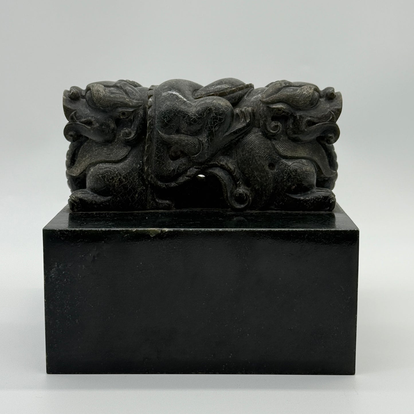 Rare Antique Natural Dark Green Nephrite Double Headed Dragon Seal 4,452.2g 134.7 by 136.1 by 125.0mm