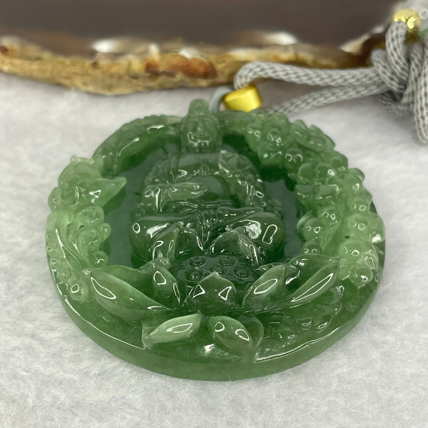 Golden Award Grand Master Type A Semi Icy Intense Green Jadeite Guan Yin on Lotus with Flowers 花开富贵观音 Pendant 62.02g 53.0 by 11.2mm
