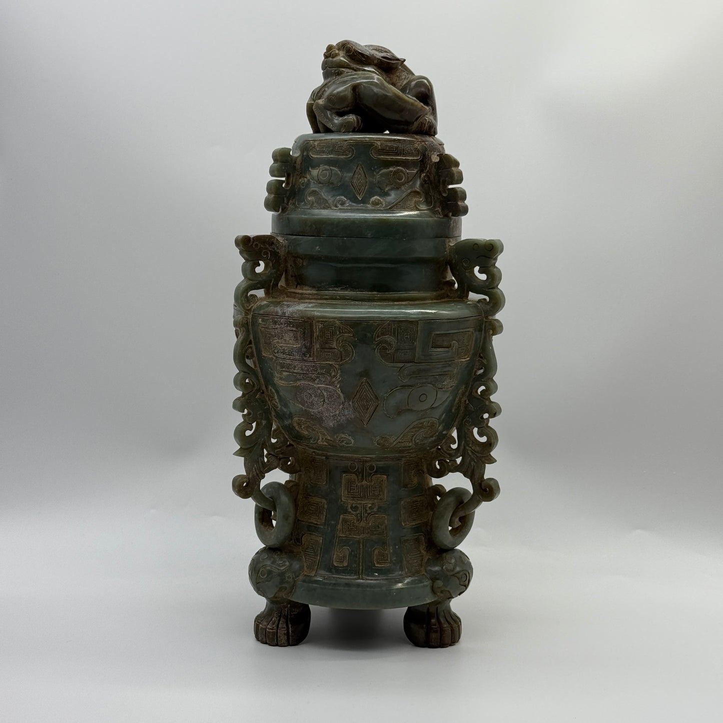 Rare Antique Natural Green with Brown Patches Nephrite Pixiu Vase 3,113.3g 148.0 by 160.0 by 335.0mm