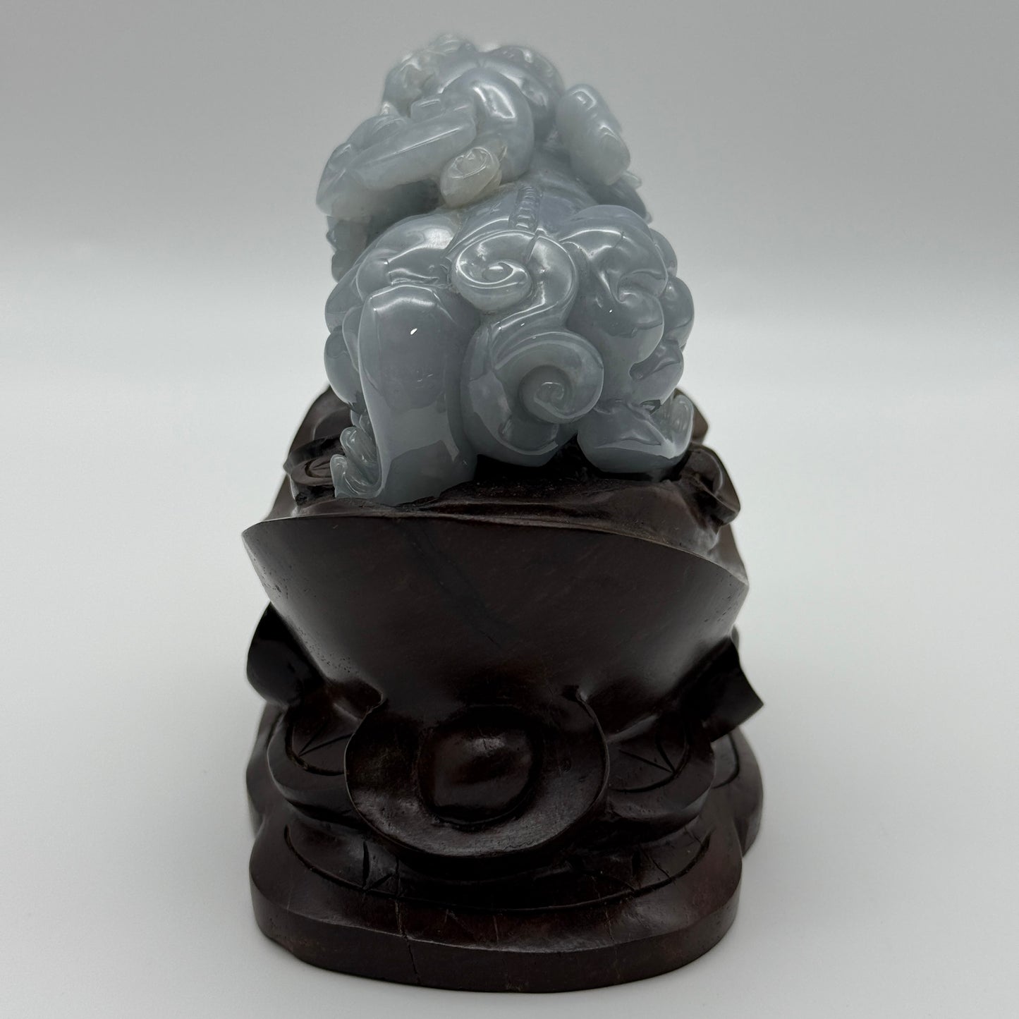 Type A Blueish Lavender Jade Jadeite Pixiu & Ruyi Display with Wooden Stand: Pixiu: 373.1g 93.1 by 43.1 by 43.7mm With Stand: 747.5g 215.4 by 111.5 by 99.6mm