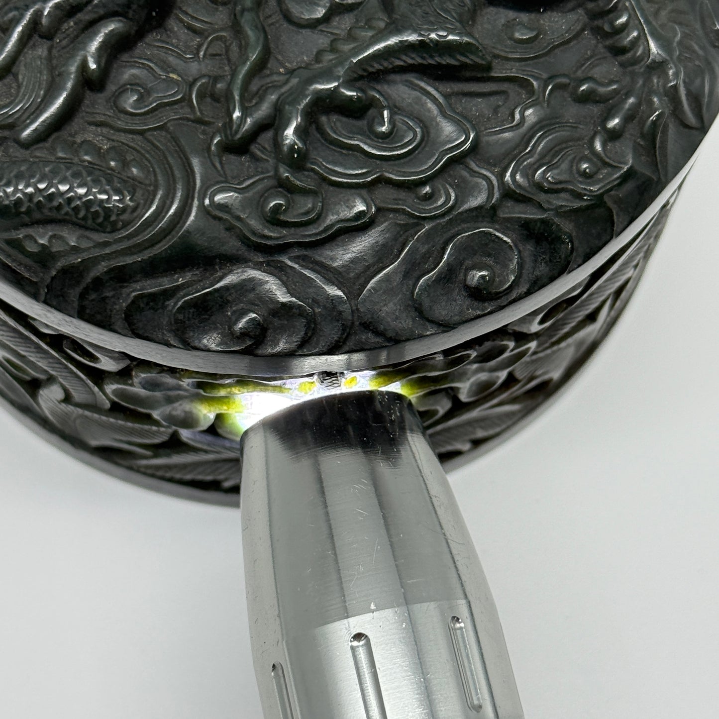 Antique Dark Green Nephrite Double Dragons in Clouds with Flowers and Leaves Seal 1,625.5g 108.2 by 107.6 by 71.6mm