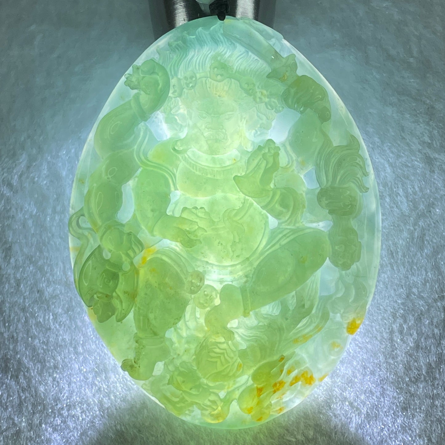 Grand Master Type A Icy Blueish Green with Brown Patches Jadeite Acala Pendant 85.25g 75.0 by 56.6 by 12.4mm