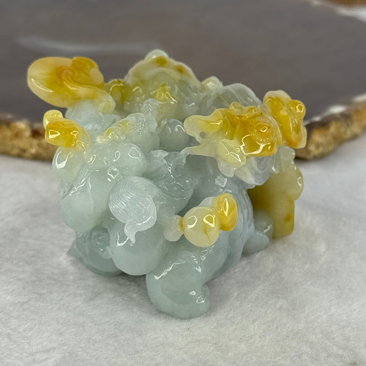 Rare Grand Master Type A Green with Lavender and Yellow 3D Flying Pixiu with Baby, Ruyi and Coins 大师A货三彩翡翠飞天貔貅摆件 185.14g 41.0 by 64.3 by 48.0mm with Wooden Stand