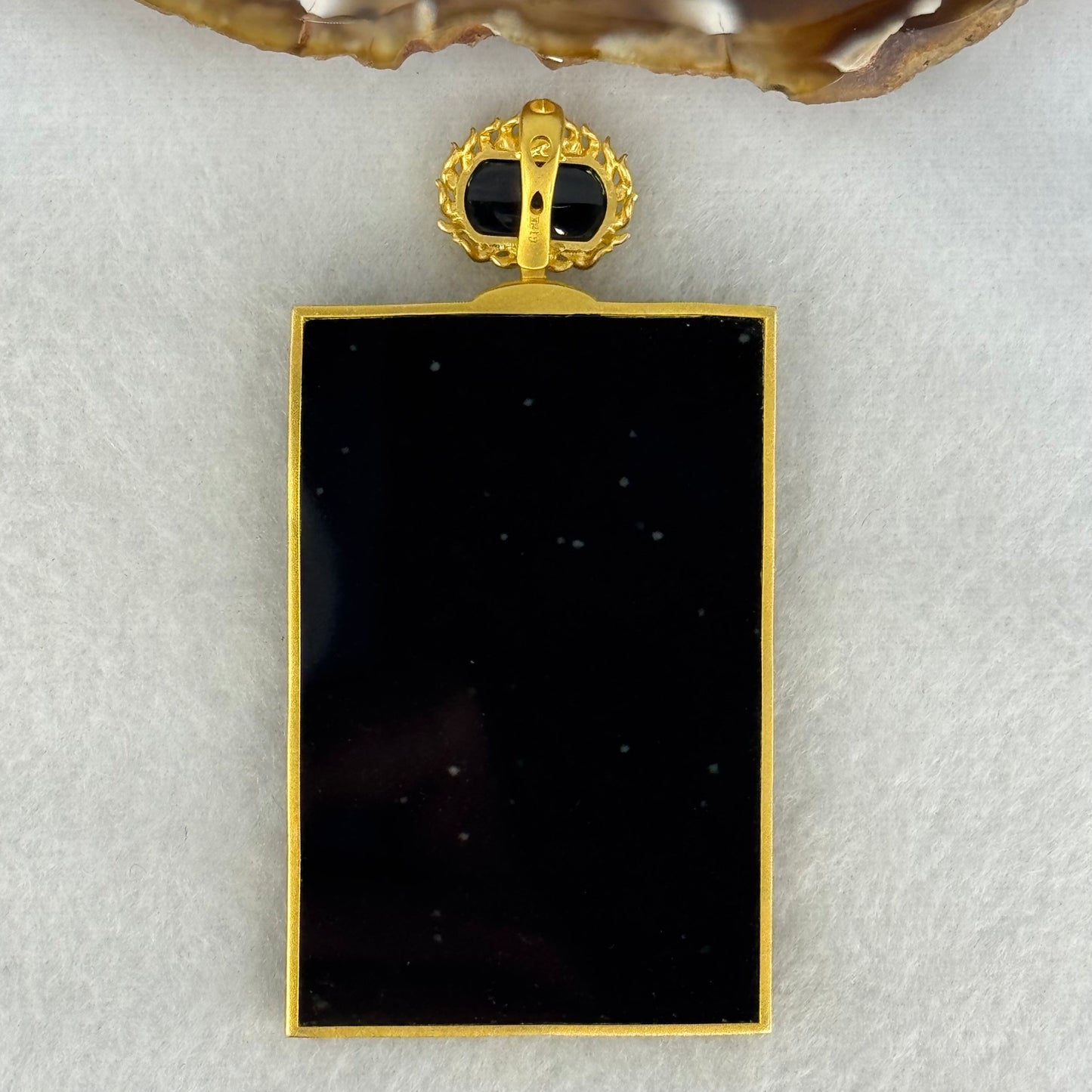 18k Yellow Gold Rare High Grade Fully Translucent Type A Black Jadeite Rectangle Wu Shi Pai Pendant 45.38g 61.8 by 41.2 by 4.8mm