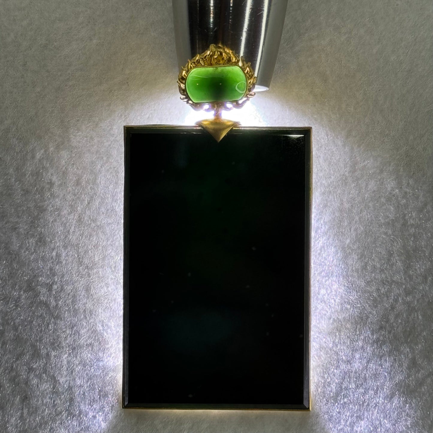 18k Yellow Gold Rare High Grade Fully Translucent Type A Black Jadeite Rectangle Wu Shi Pai Pendant 45.38g 61.8 by 41.2 by 4.8mm