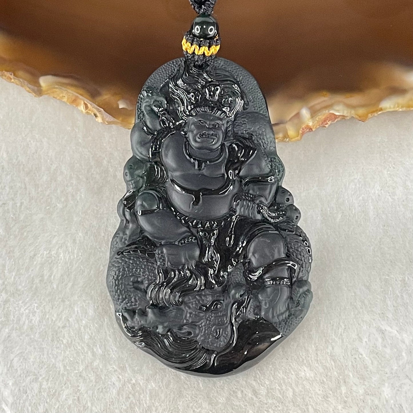 Rare Grand Master Type A Fully Translucent Black Omphacite Jadeite Da Hei Tian Daikokuten God of Fortune 大黑天 Pendant 26.52g 59.4 by 38.7 by 5.2mm