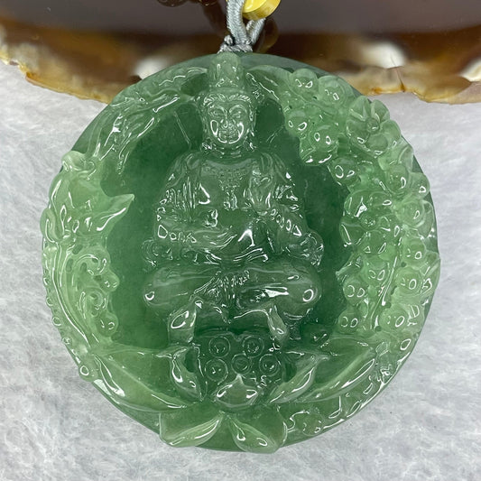 Golden Award Grand Master Type A Semi Icy Intense Green Jadeite Guan Yin on Lotus with Flowers 花开富贵观音 Pendant 62.02g 53.0 by 11.2mm