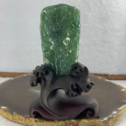 Very Rare High Icy Grand Master Type A Blueish Green Jadeite Fire Dragon with Fortune Wheel 53.03g 73.4 by 38.7 by 11.5mm with Wooden Stand