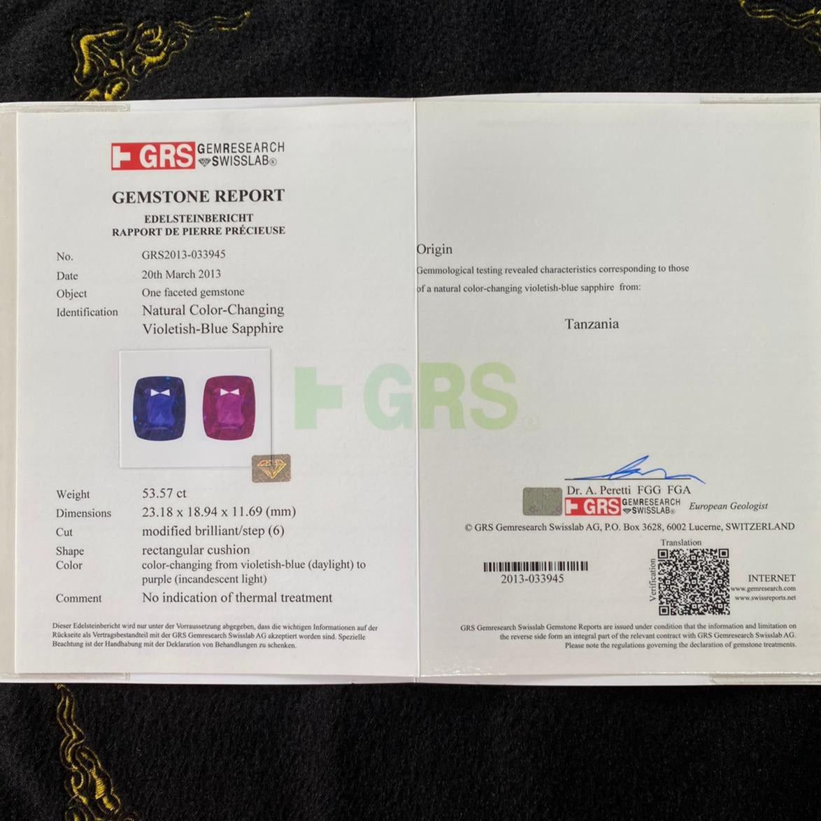 Very Rare and Large Unheated Natural Color Changing Sapphire 53.57ct 23.18 by 18.94 by 11.69mm With GRS and NGI Certificates