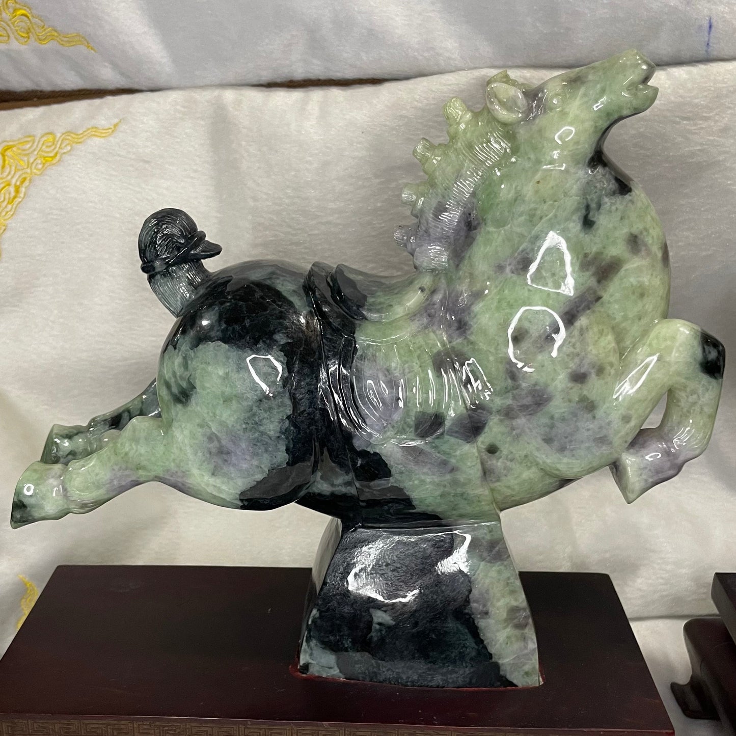 Type A Green with Lavender Jadeite Pair of Horses 马到成功 马上成功 马上发财 with Wooden Stand Display Piece - 9.53kg Dimensions with Stand: 30 by 28 by 12cm Jade Dimensions: 28 by 24 by 9cm