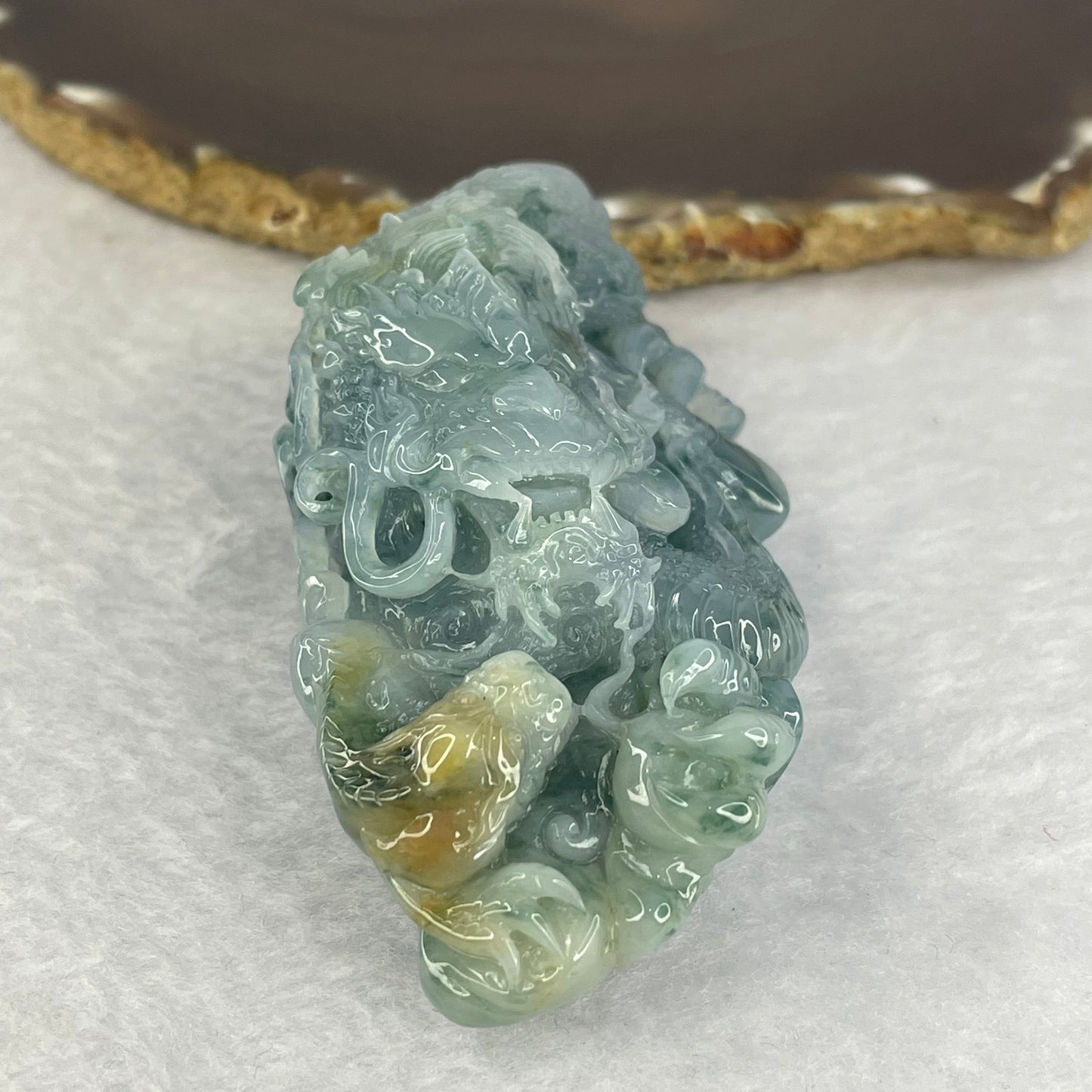 Grand Master Type A Jelly Blueish Green Flora with Yellow Jadeite Fire Dragon with Pixiu 笼饺子Display 164.12g 95.6 by 41.5 by 35.5mm with Wooden Stand for Wealth Luck Attraction