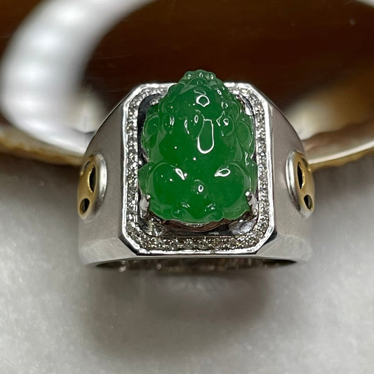 Rare Type A High Quality Yang Green Pixiu Jade Jadeite 18k white gold & Natural Diamonds 7.46g 16.3 by 10.2mm US8.5 HK19 with NGI cert