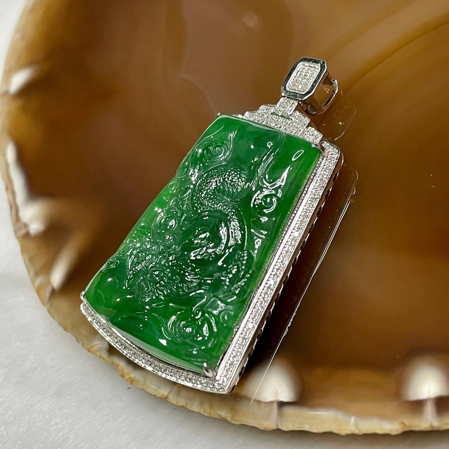 RARE Type A Full Yang Green Dragon Jade Jadeite 18k white gold & diamonds with NGI Cert 22.38g 50.2 by 30.7 by 9.0mm