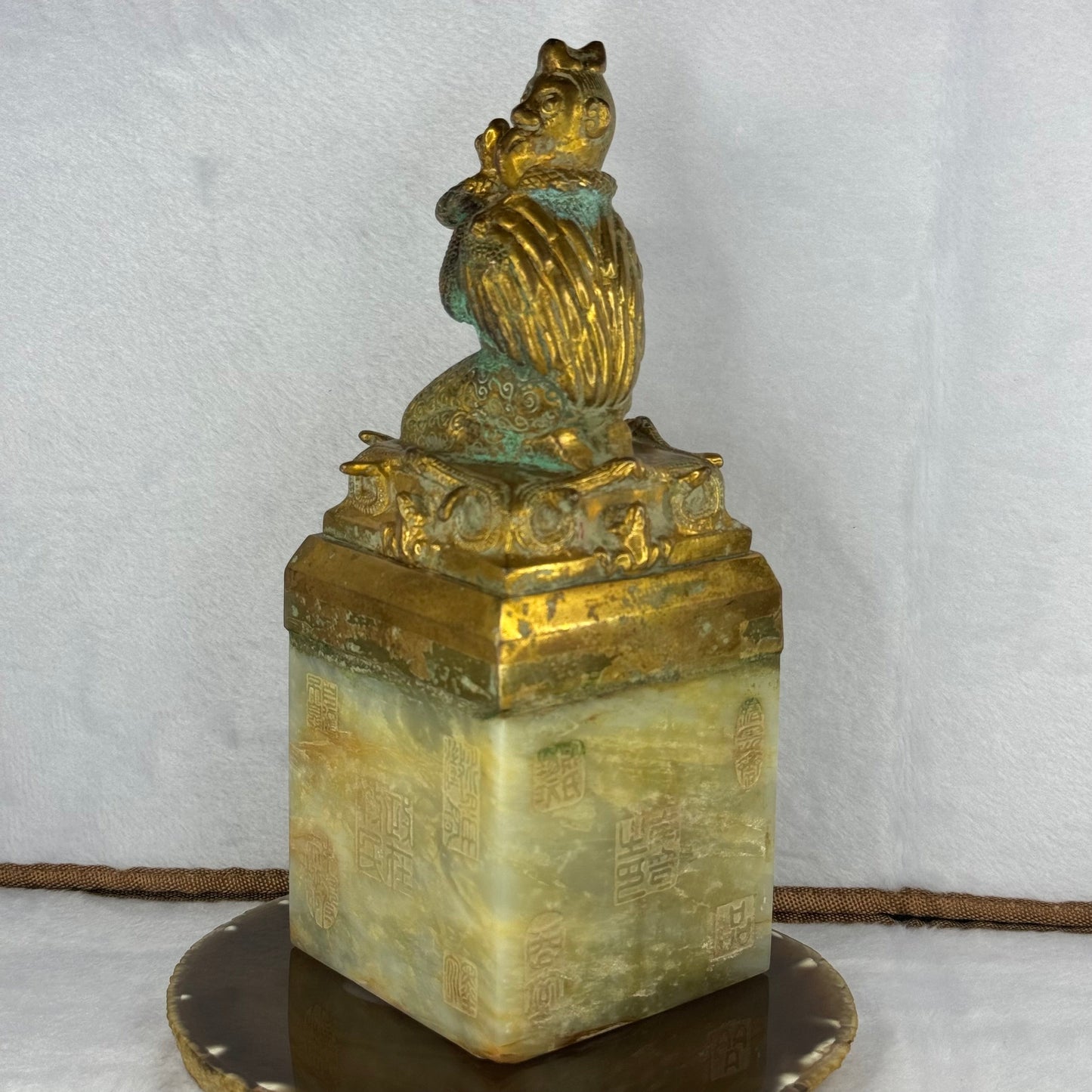 Rare Antique Nephrite with Copper Bird with Monkey Face with Snakes and Frogs Seal 2,751.6g 85.0 by 85.0 by 220.0mm